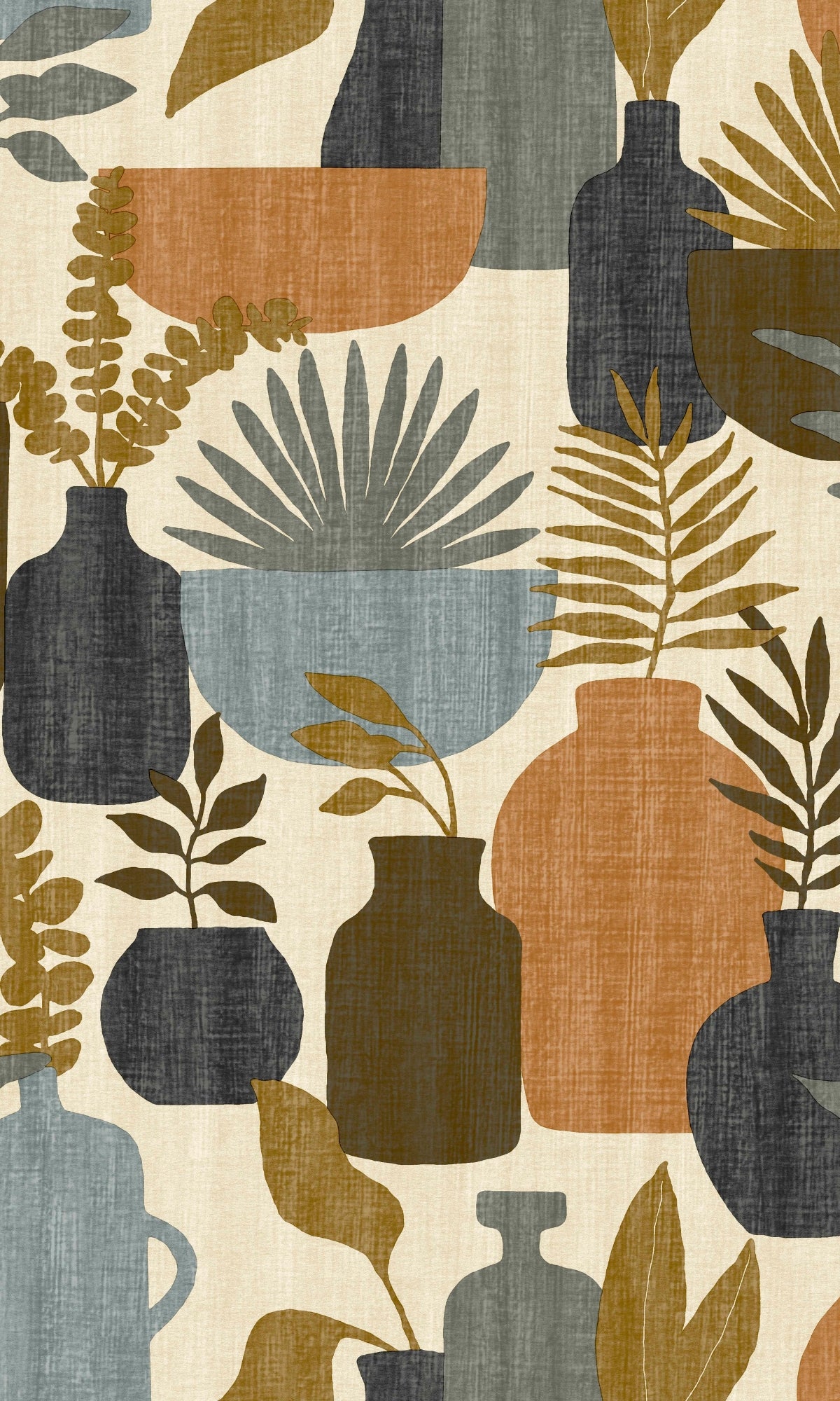 Beige & Brown Vases With Plants Retro Wallpaper R9087