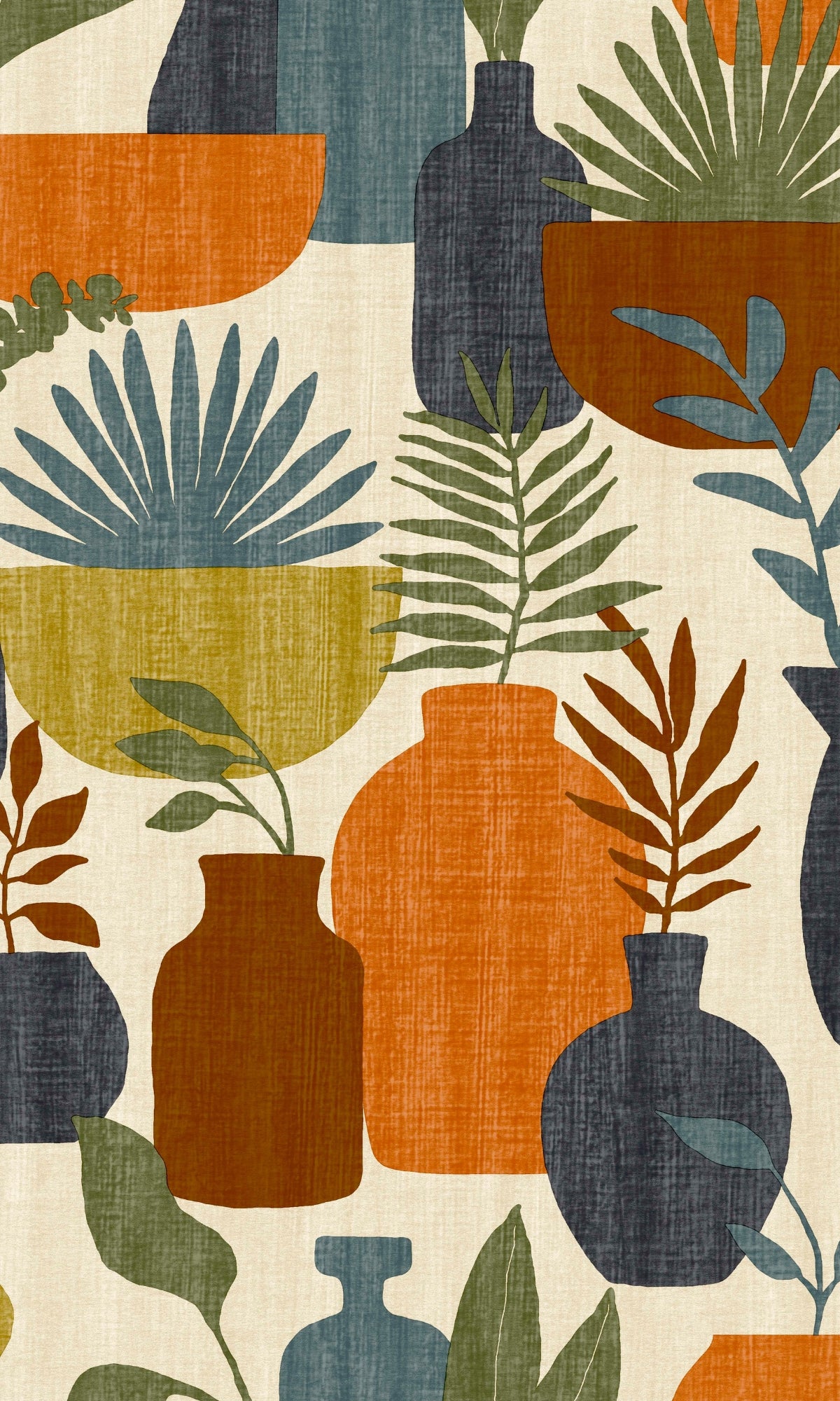 Beige & Orange Vases With Plants Retro Wallpaper R9088