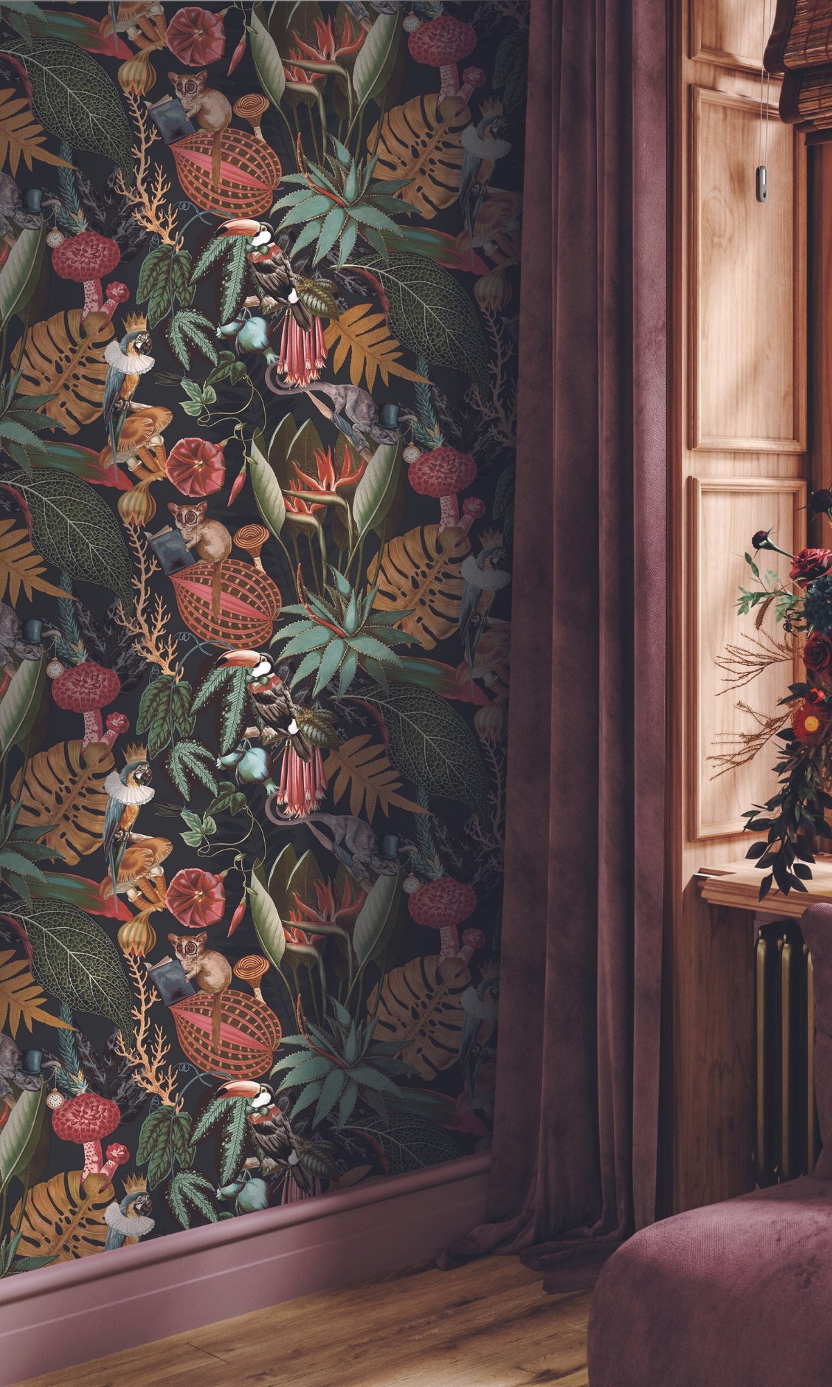 tropical soiree wallpaper, black tropical wallpaper, bedroom wallpaper ideas, black accent wall, black accent wall ideas, black wall ideas, black feature wall, black wall design ideas, black aesthetic wallpaper, toile wallpaper black, black artistic wallpaper, black art wallpaper, wallpaper black background plain, black vintage wallpaper, black retro wallpaper