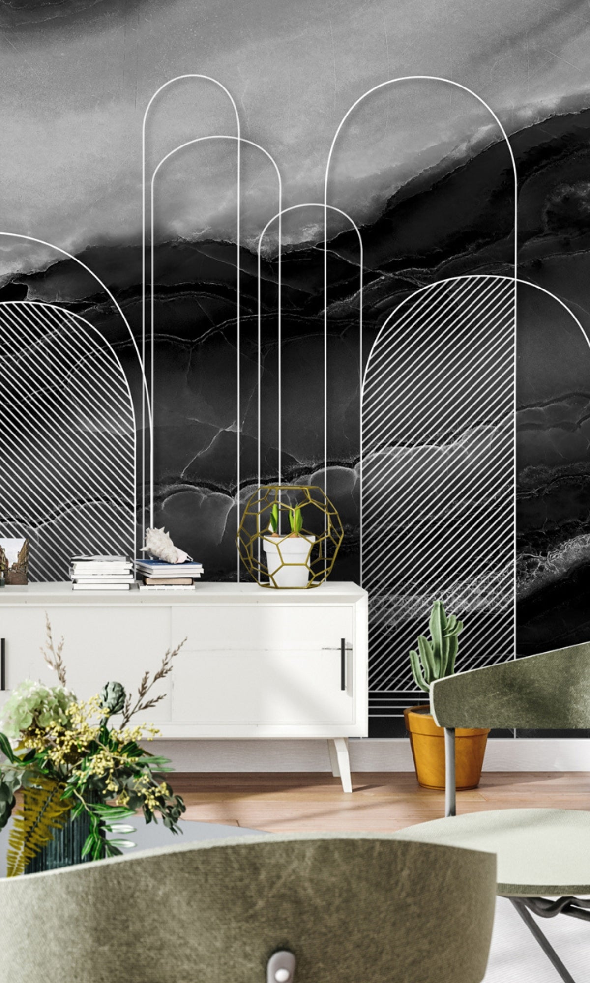 Black And White Marble with abstract Muqarnas Mural Wallpaper M1335