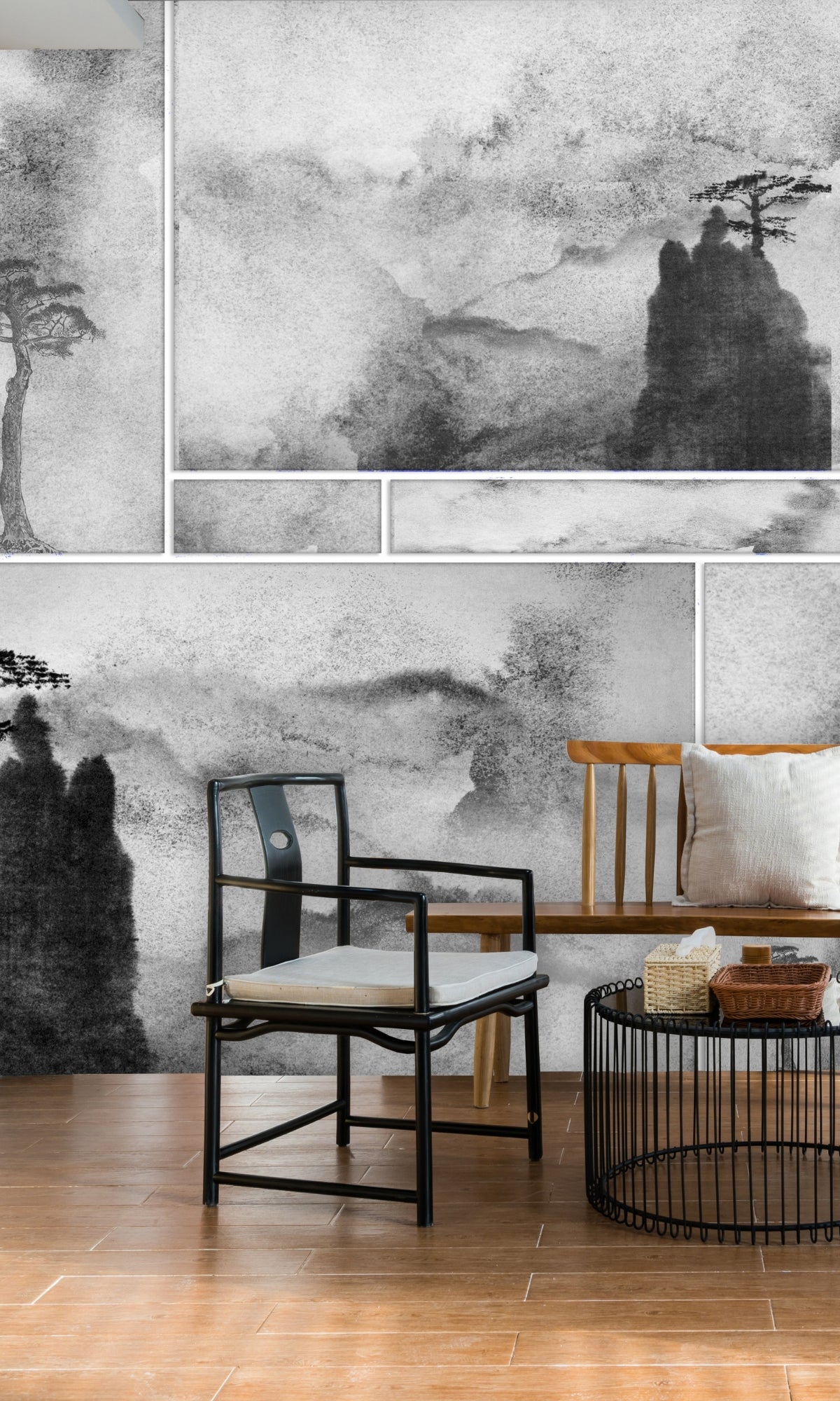 Black And White Watercolor Japanese Mural Wallpaper M1342