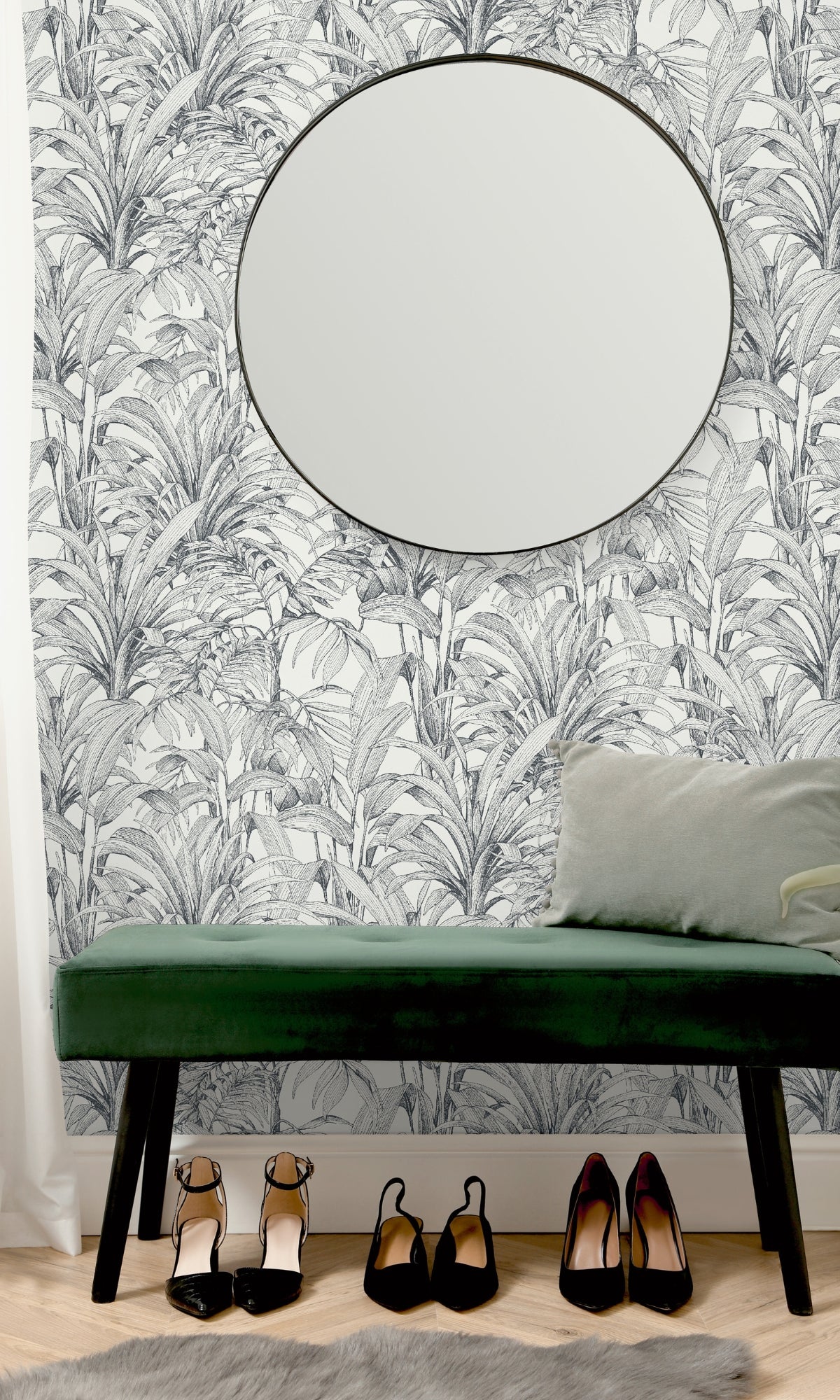Black & White Jungle Leaves Tropical Wallpaper, flock wall paper, flock wallpaper, vintage flock wallpaper, contemporary flock wallpaper, modern flock wallpaper, flock wallpaper for homes, flock wall décor, flock wall covering