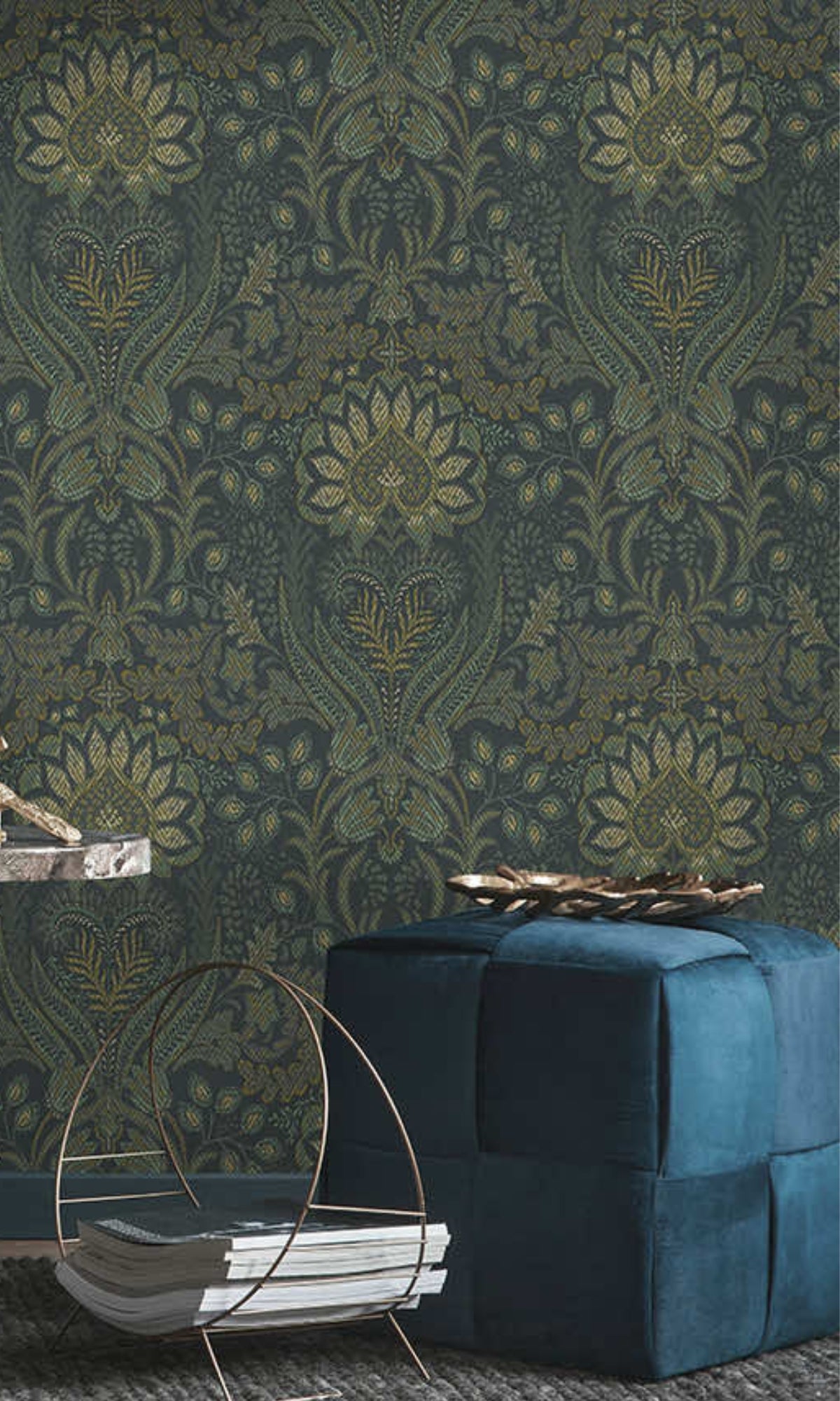 Blue Orange Bold Paisley Design Metallic Damask Wallpaper, flock wall paper, flock wallpaper, vintage flock wallpaper, contemporary flock wallpaper, modern flock wallpaper, flock wallpaper for homes, flock wall décor, flock wall covering