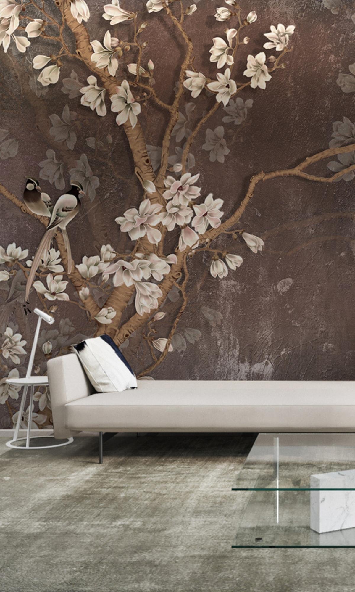Brown White Blooms Mural Wallpaper M1152
