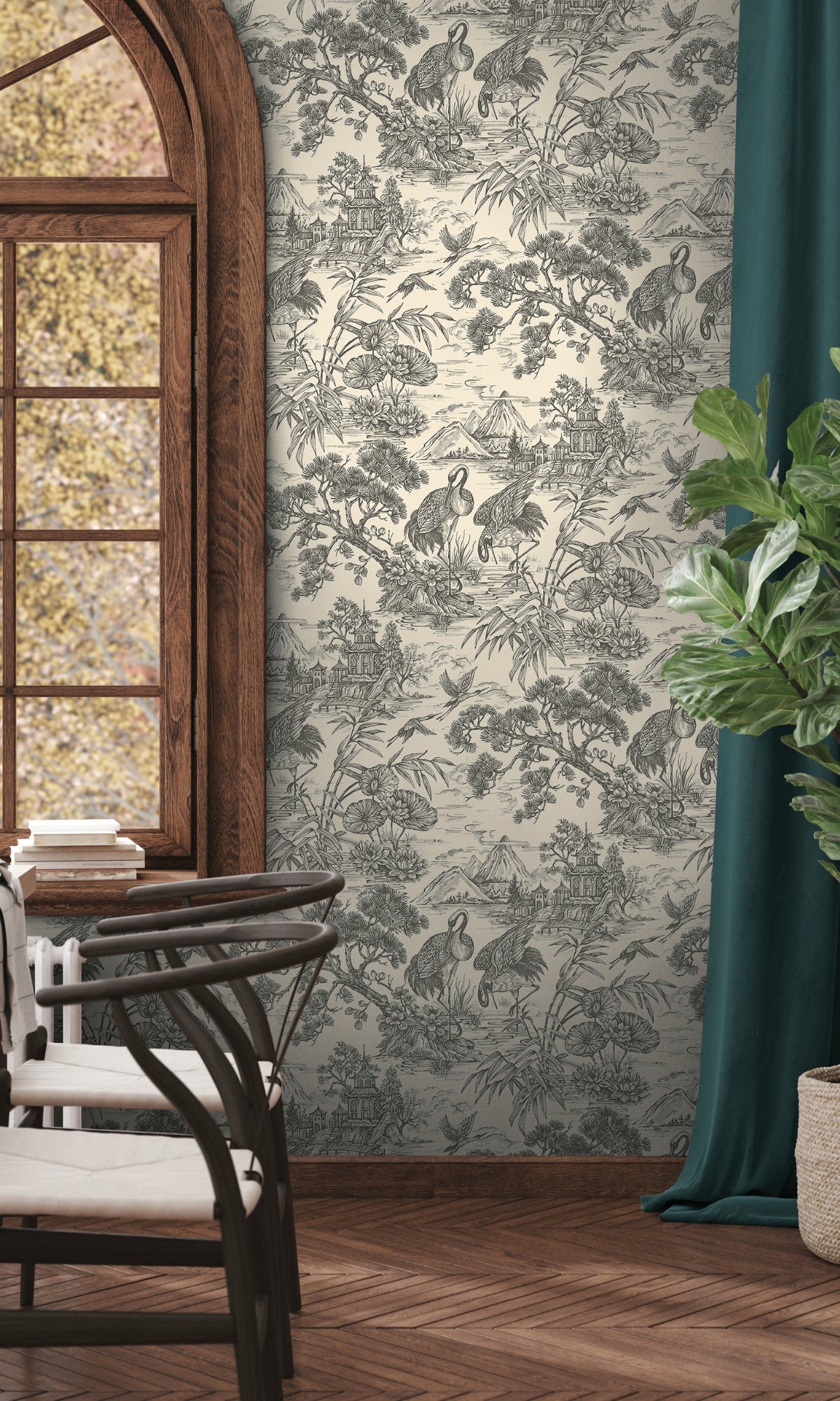 Charcoal Cream Majestic Crane Tropical Wallpaper R8971