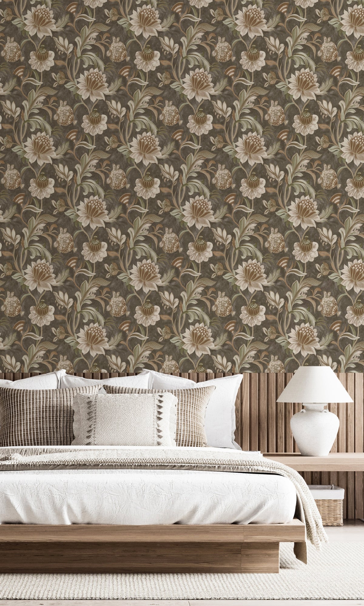 Charcoal Rust Grey Jacobean Style Floral Wallpaper R8946