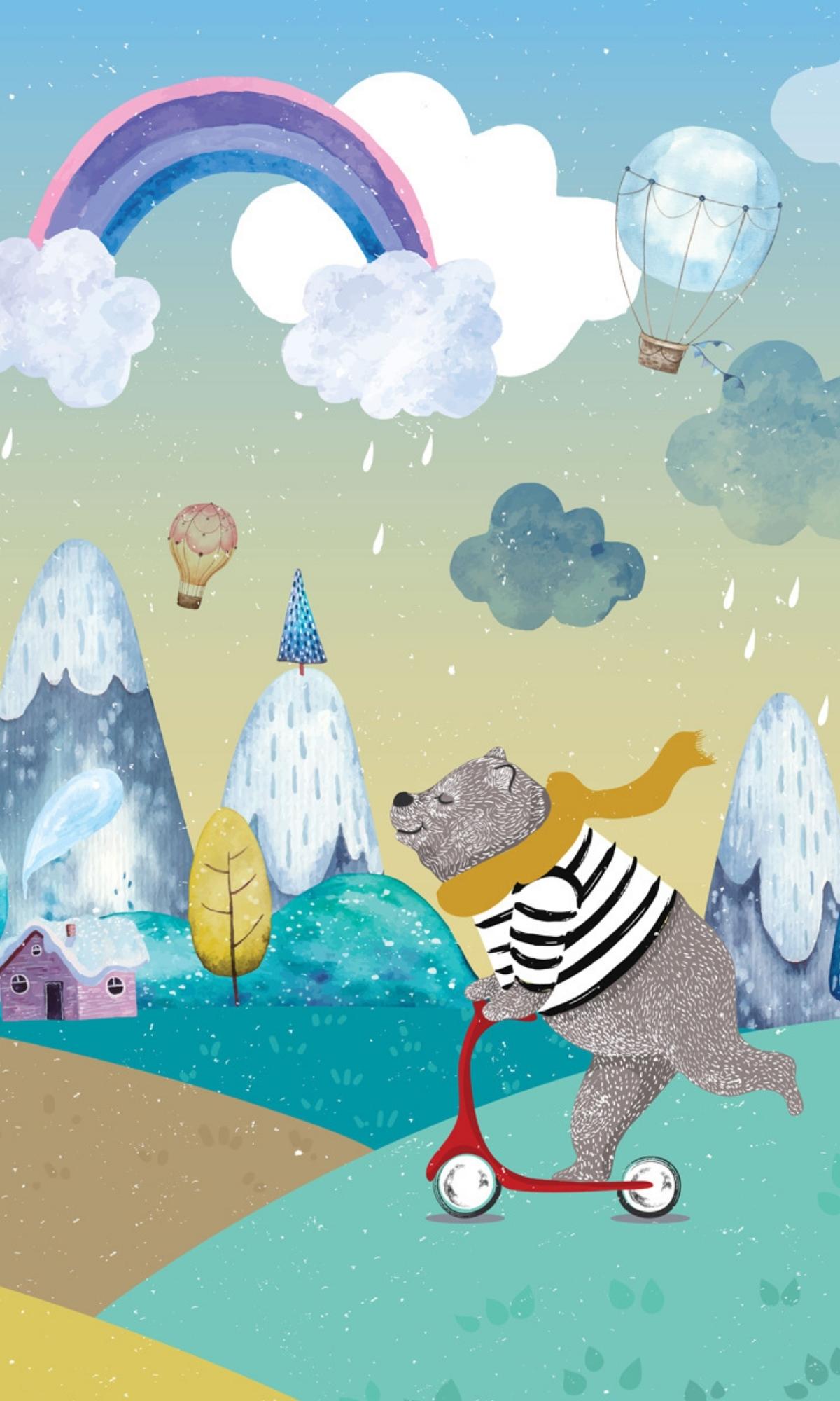 Colorful Cute bear with Bicycle Mural Wallpaper M1157