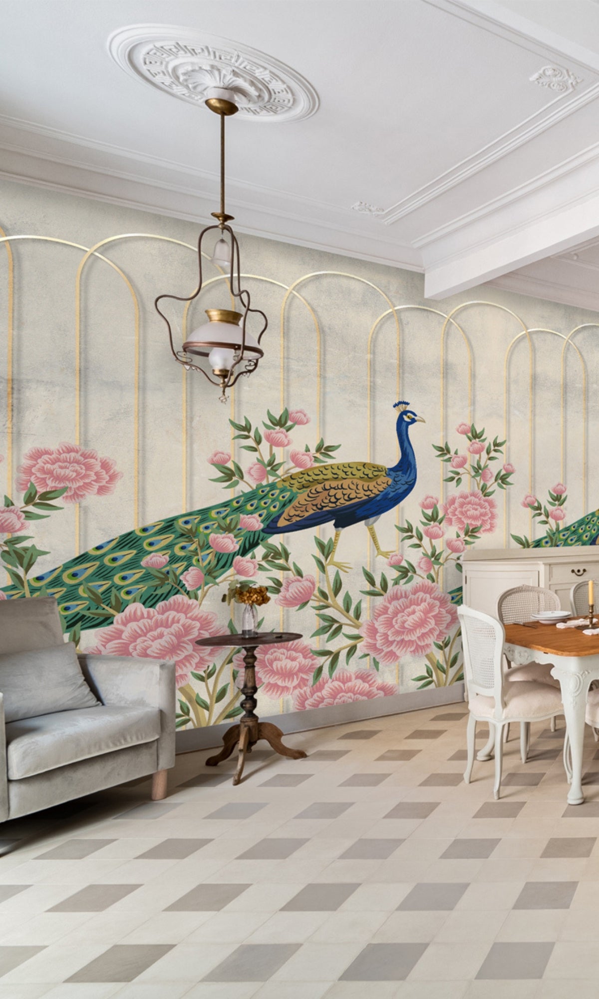 Colorful Peacocks and Roses Mural Wallpaper M1437