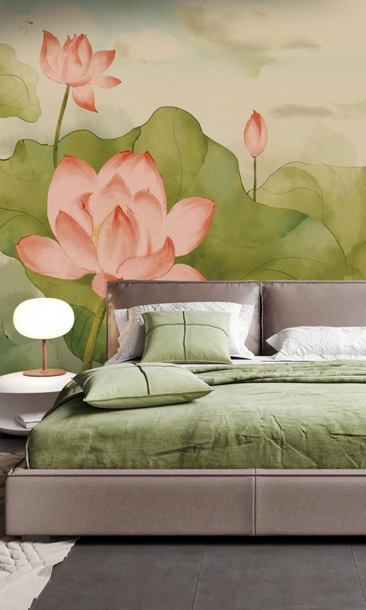 Colourful Watercolour Lotus Mural Wallpaper M1161-Sample