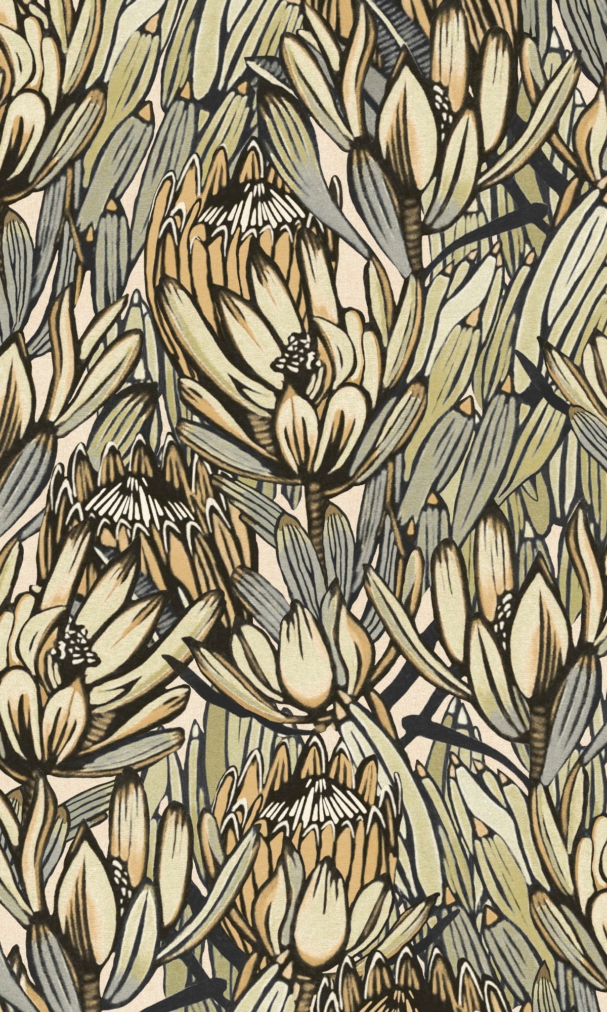 Cream & Grey Exotic Protea Flower Floral Wallpaper R9082