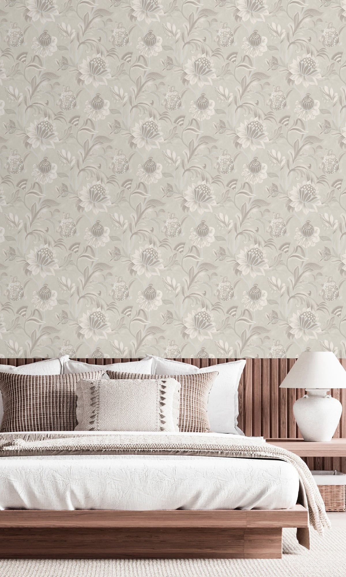 Dove Grey Jacobean Style Floral Wallpaper R8942