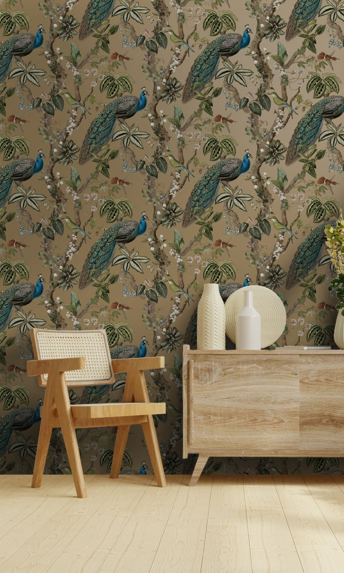 Gold Climbing Peacock & Climbing Florals Tropical Wallpaper, flock wall paper, flock wallpaper, vintage flock wallpaper, contemporary flock wallpaper, modern flock wallpaper, flock wallpaper for homes, flock wall décor, flock wall covering