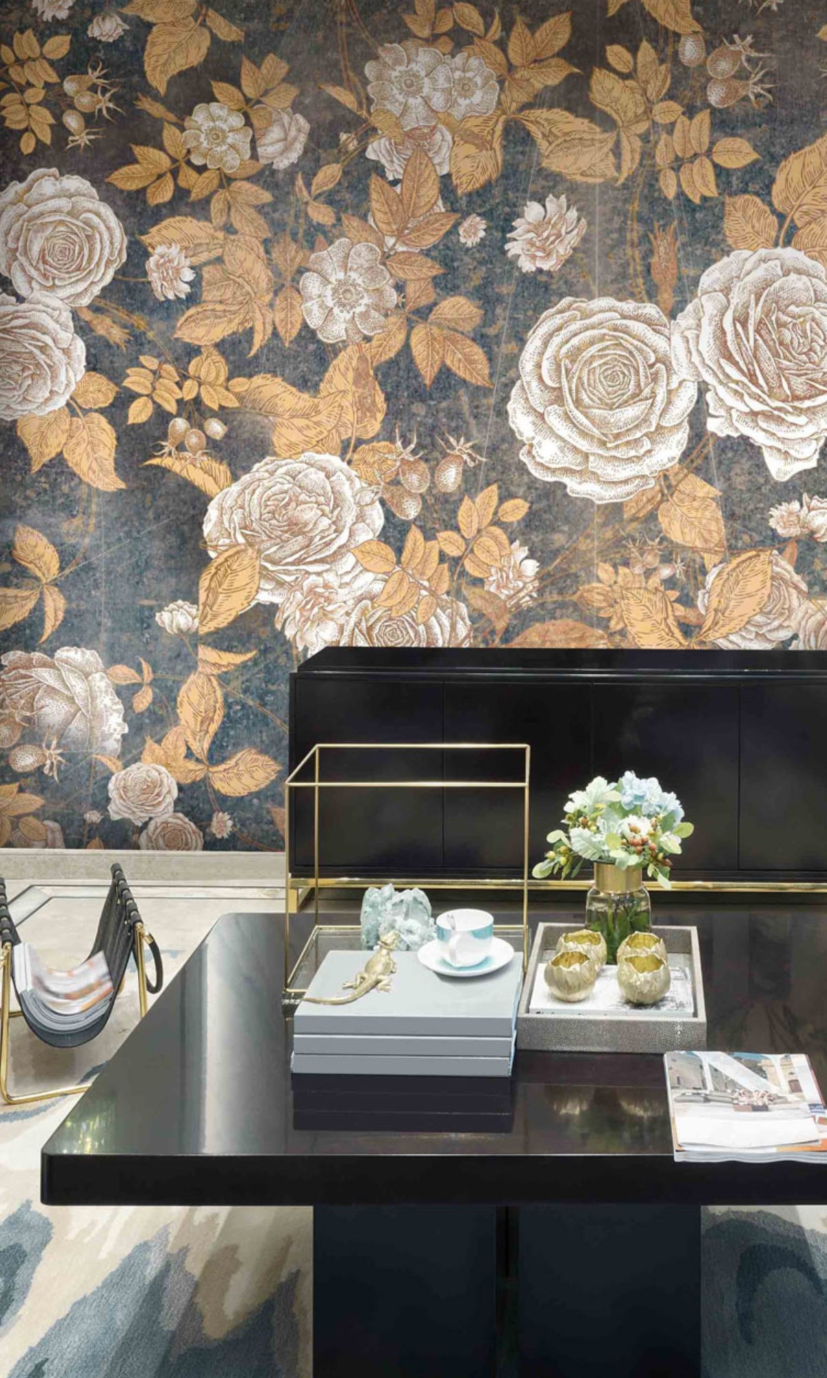 Gold & Blue English Roses Mural Wallpaper M1212