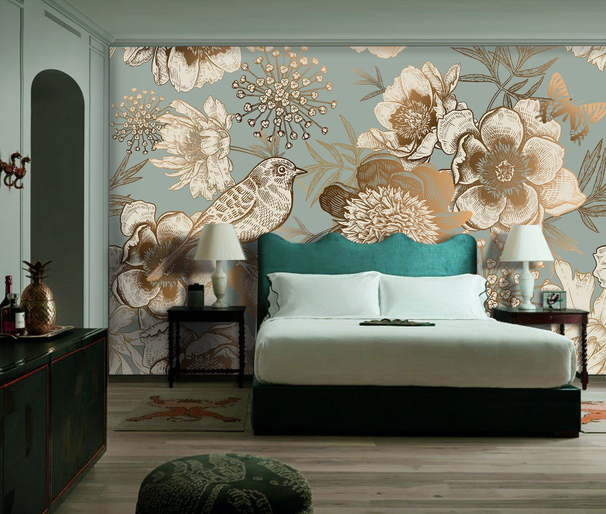 Gold & Green The bird Sings Mural Wallpaper M1169