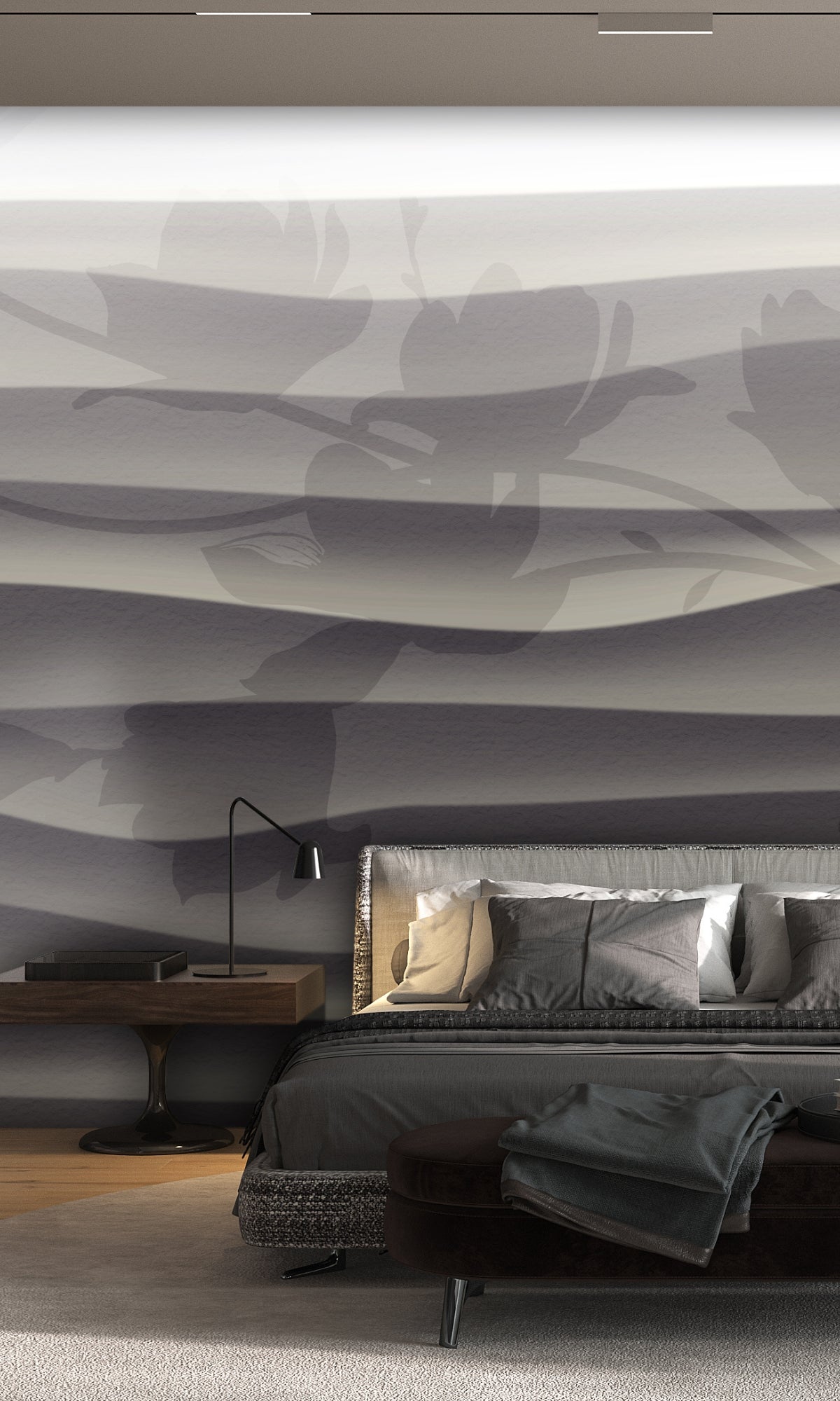 Gray Wavy Stripes with Flower Shadow Mural Wallpaper M1371