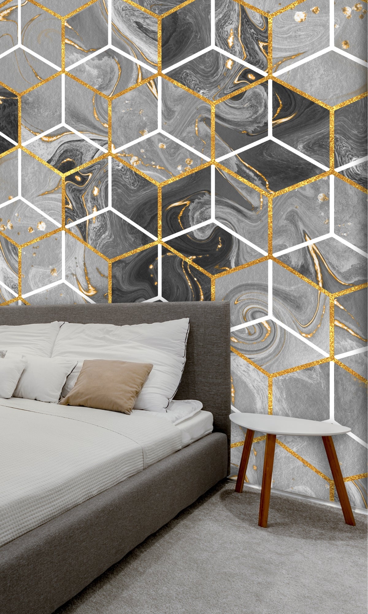 Gray & Gold Marble Hexagon Mural Wallpaper M1310