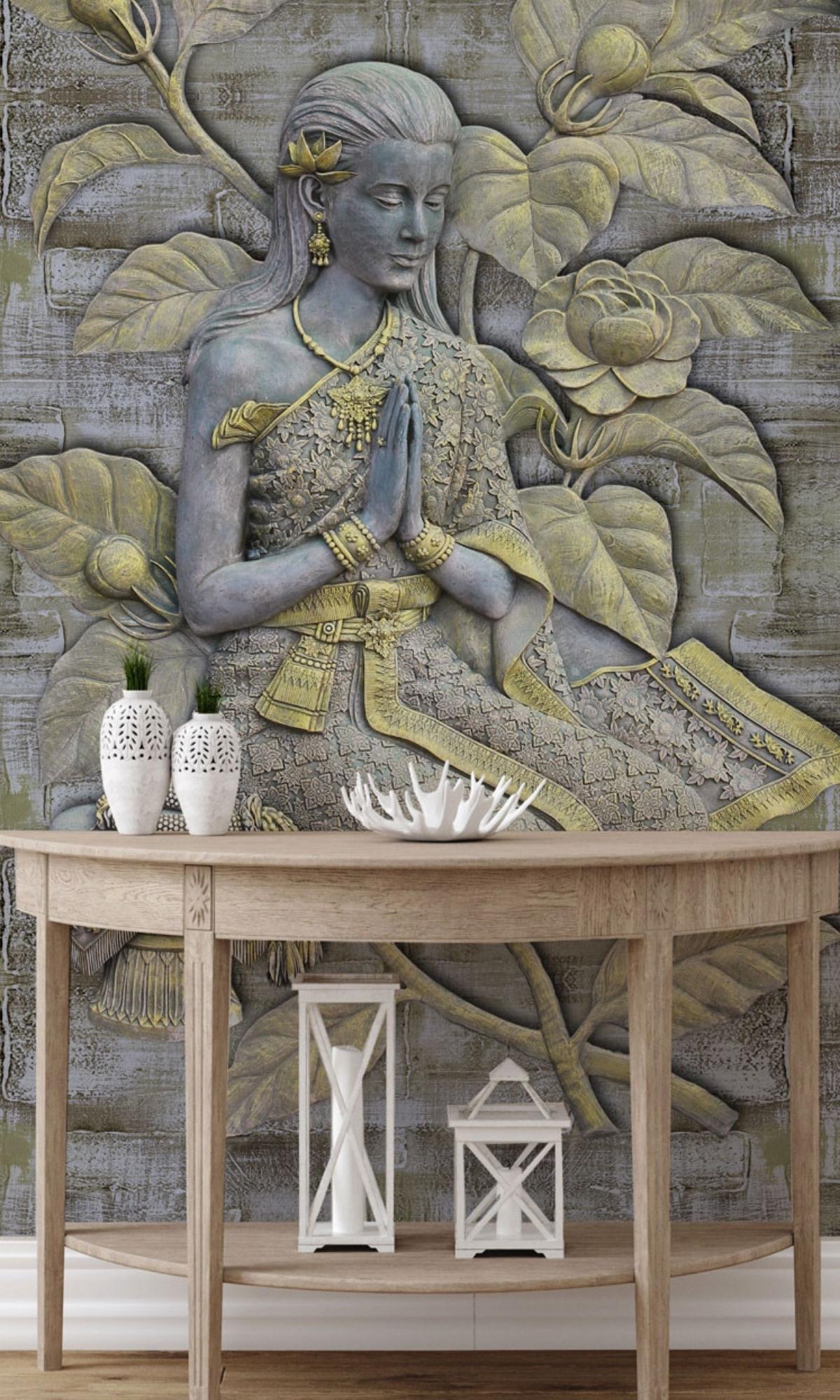 Gray & Gold Praying Girl Mural Wallpaper M1159