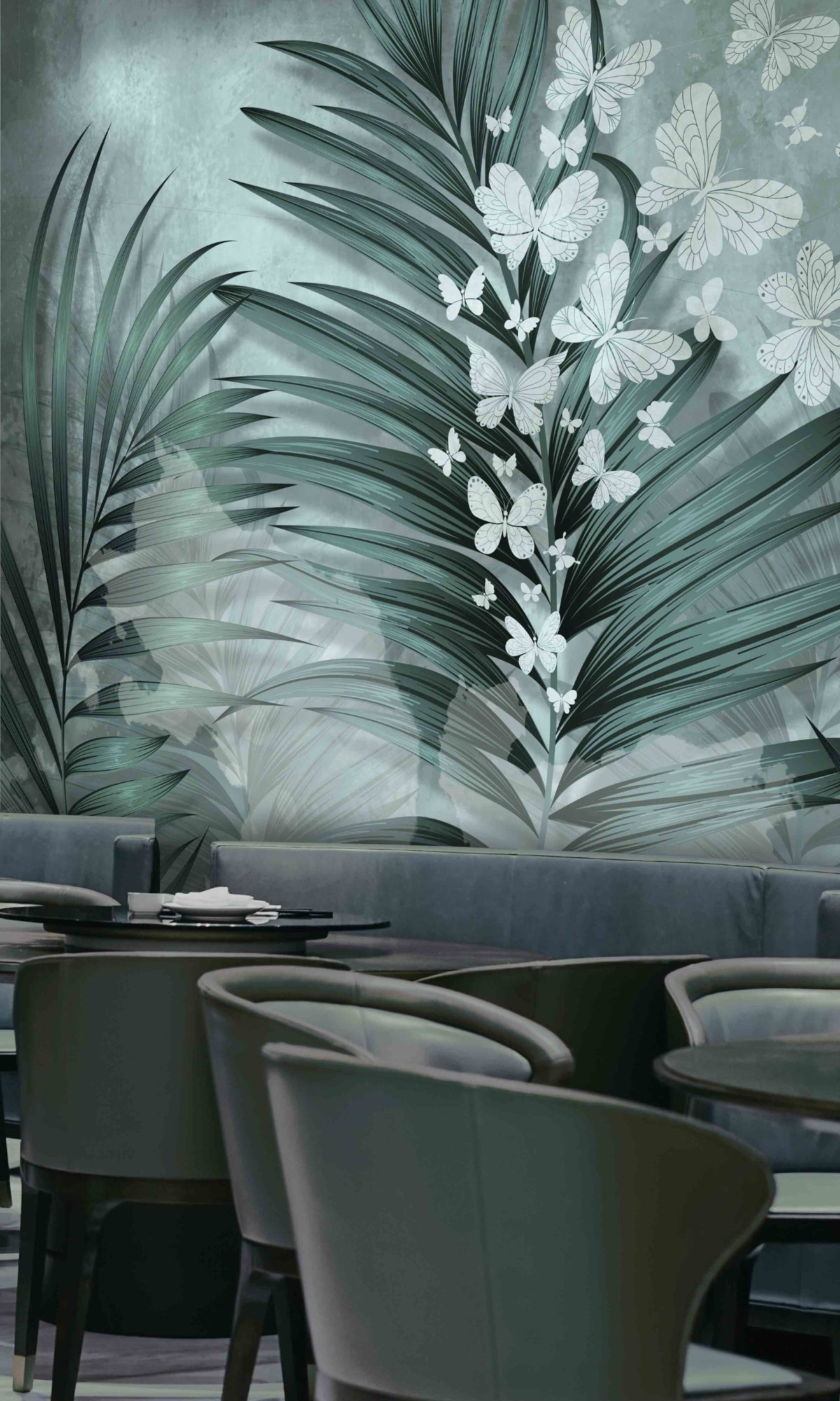 Green Leaves and Butterflies Mural Wallpaper M1403