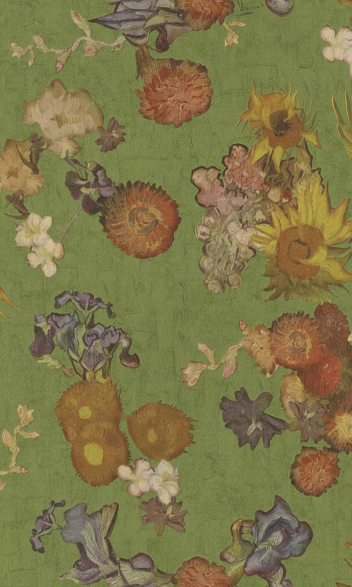 Green VanGogh Blossoming Floral Bouquet Wallpaper R8444