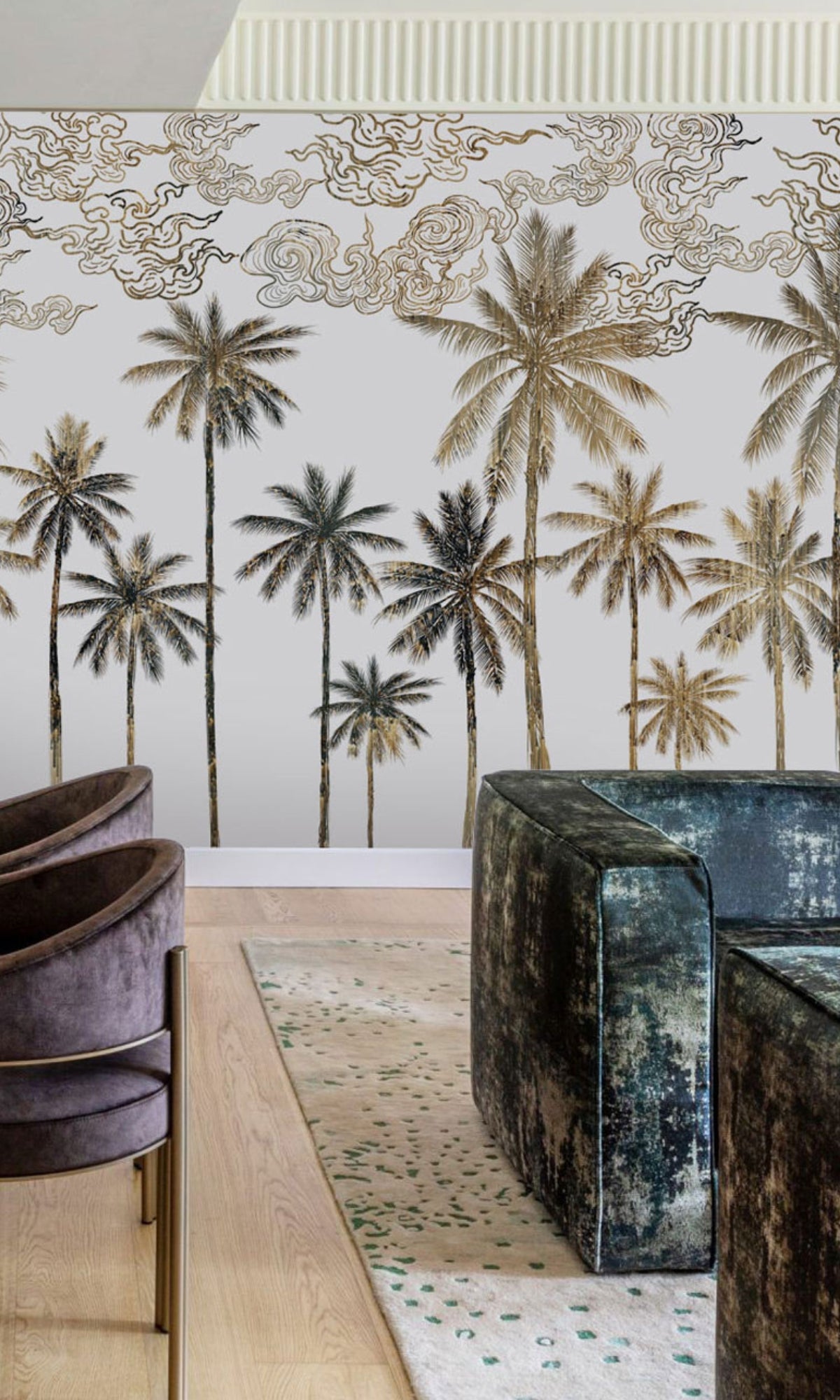 Green & Orange Tropical Palm leaves in Autumn Mural Wallpaper M1266