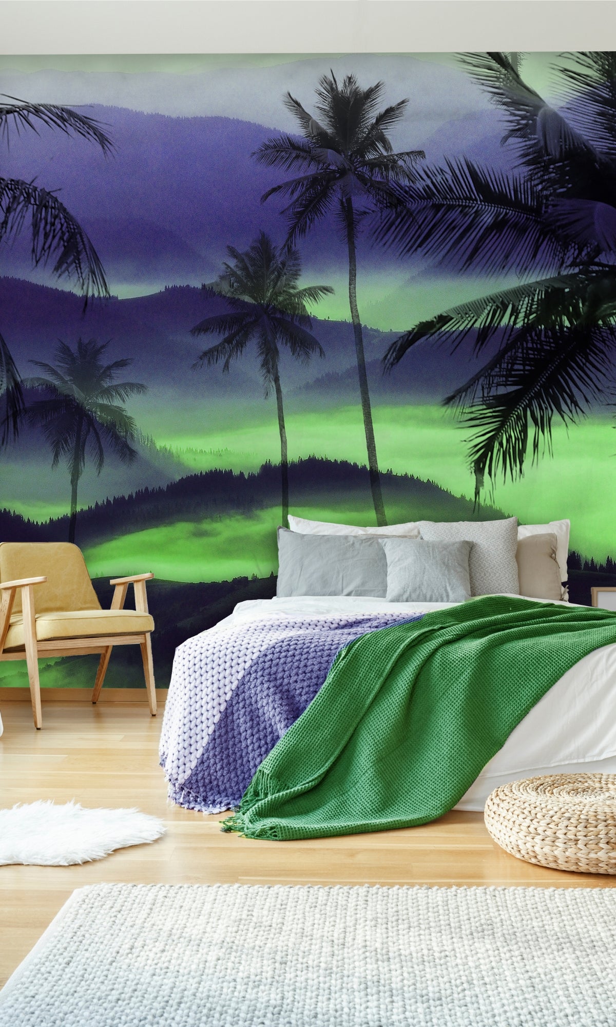 Green & Purple Palm trees Mountain Mural Wallpaper M1269