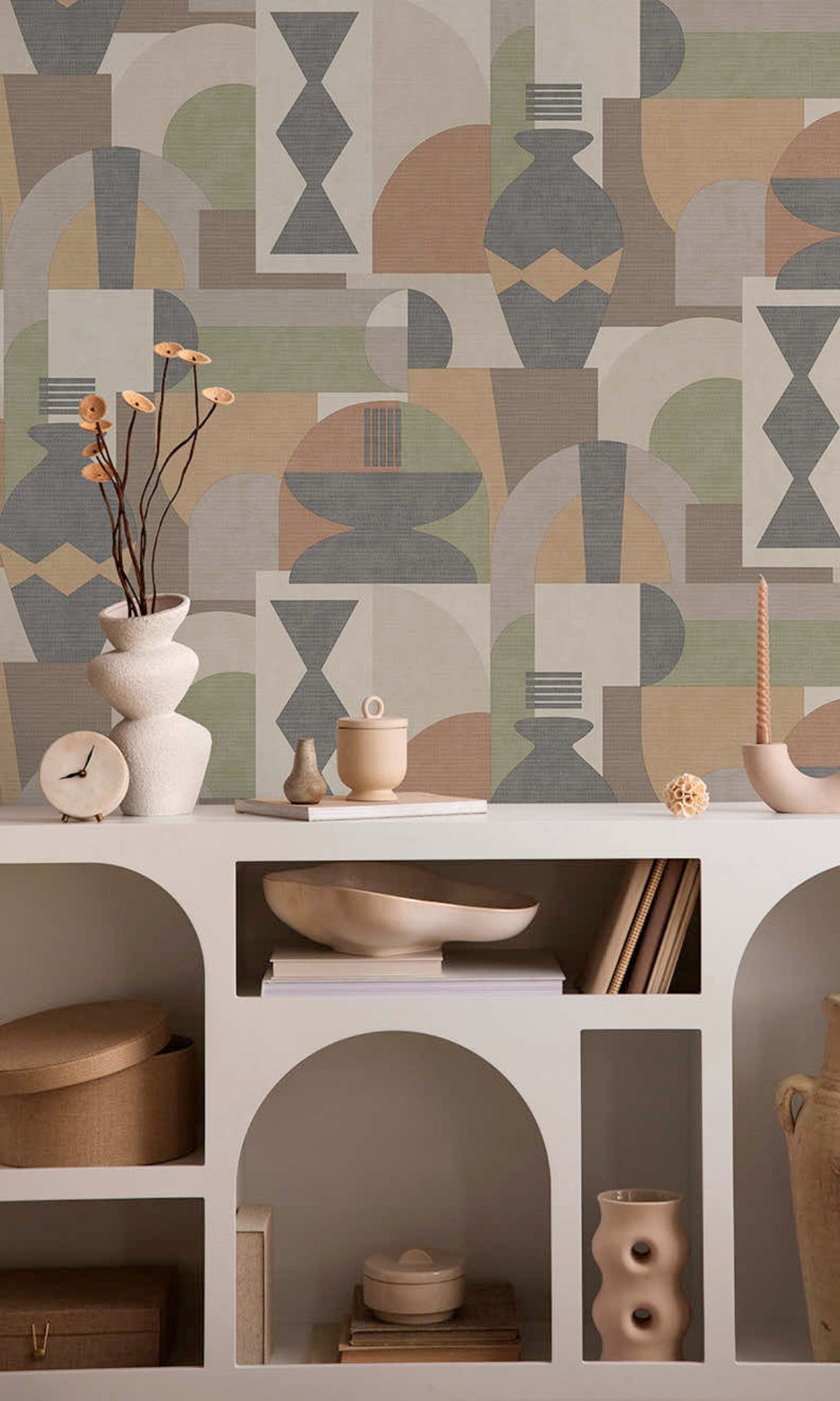 Khaki & Orange Middle Eastern Inspired Geometric Wallpaper R8416