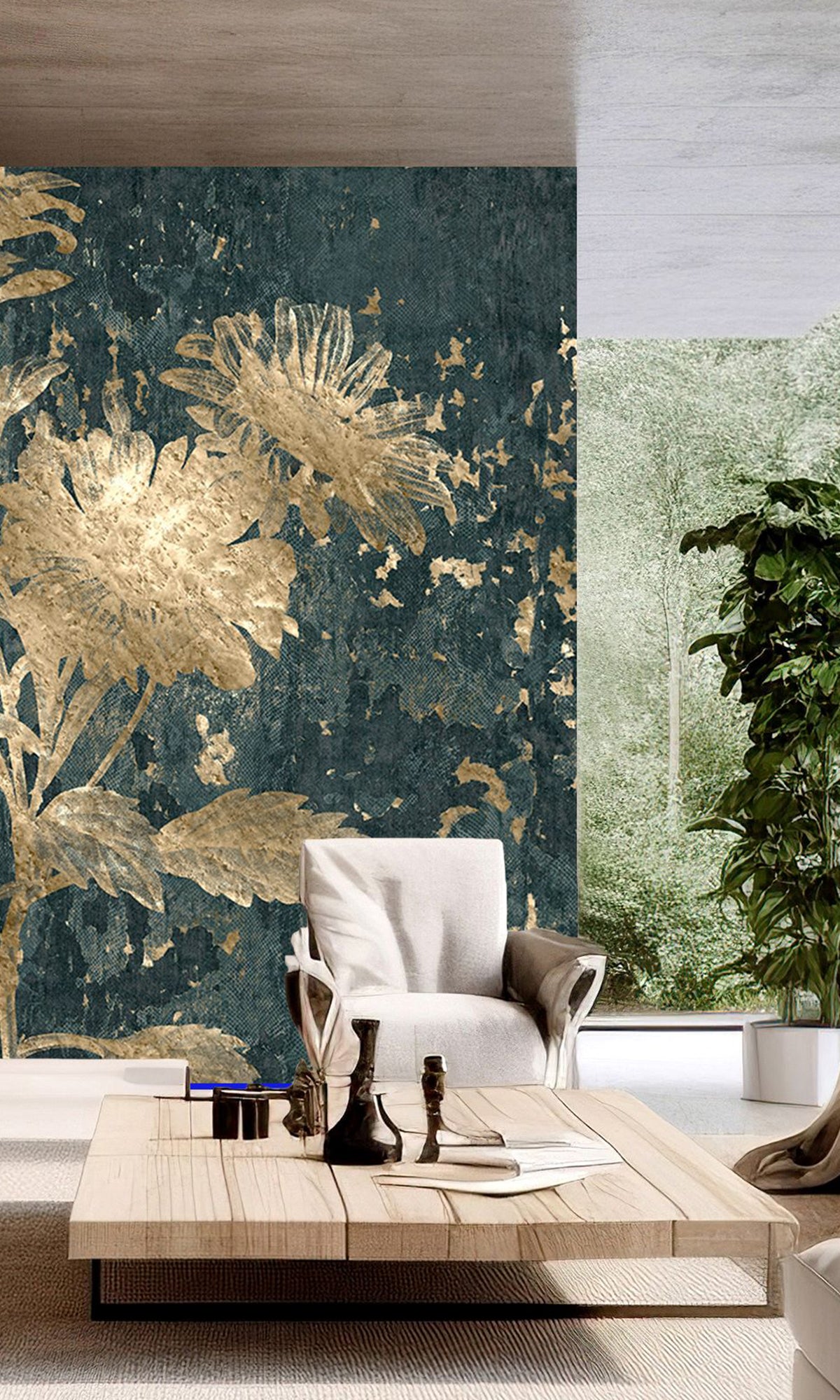 Navy Beige Mystic Abstract Marigold Mural Wallpaper M2566 - Sample