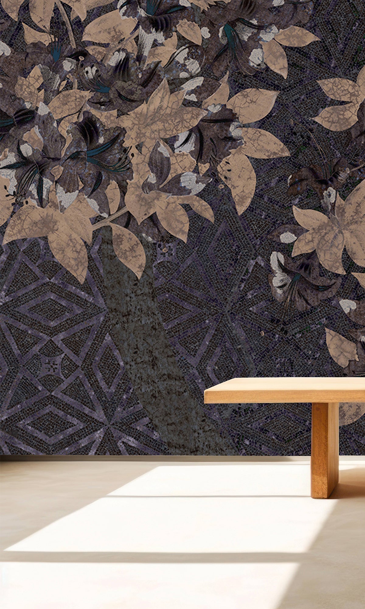 Charcoal Geometric Floral Mosaic Mural Wallpaper M2577