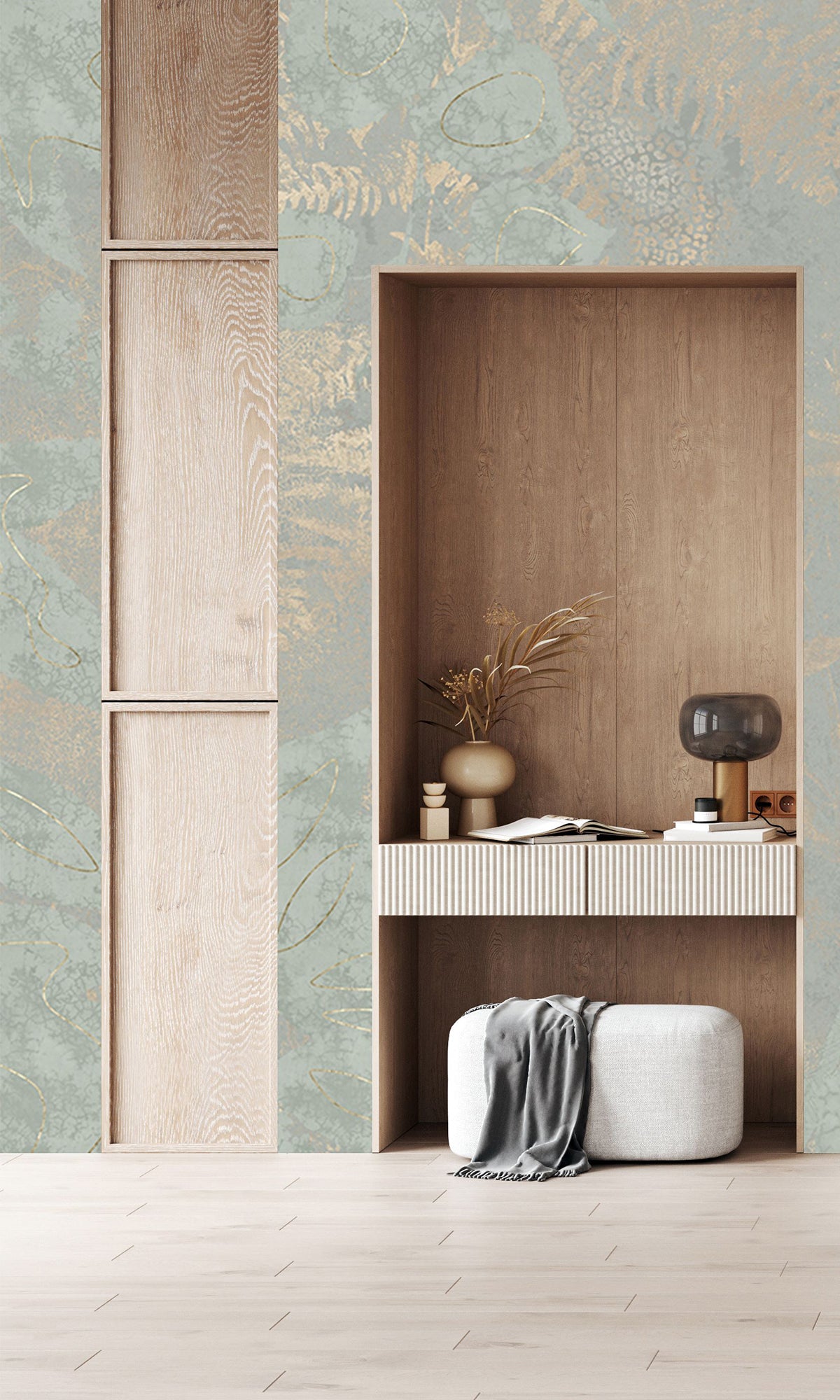 Sage Green Gold Botanical Shadow Print Mural Wallpaper M2592 - Sample