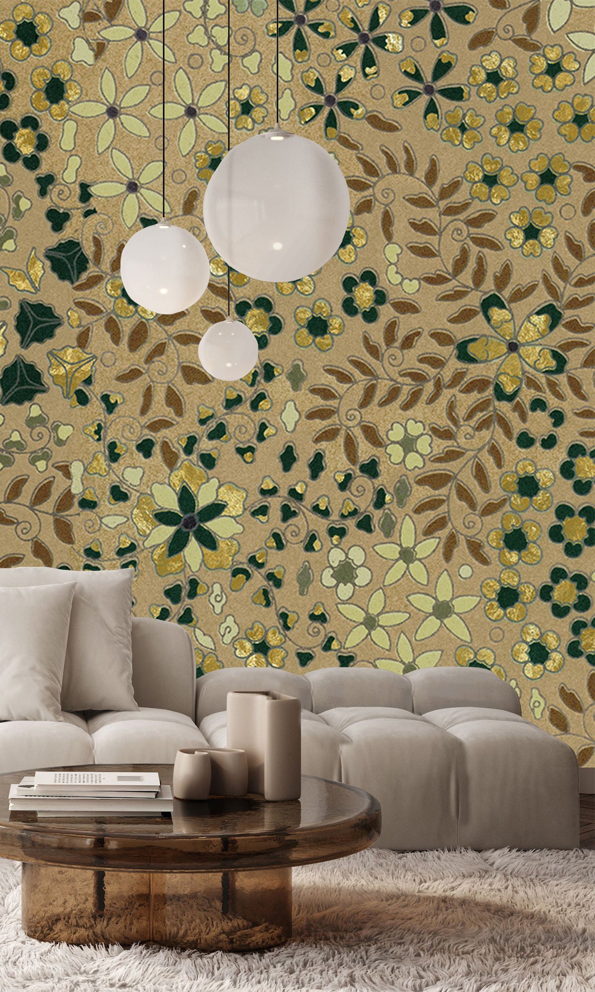 Dark Beige Embossed Floral Mural Wallpaper M2629