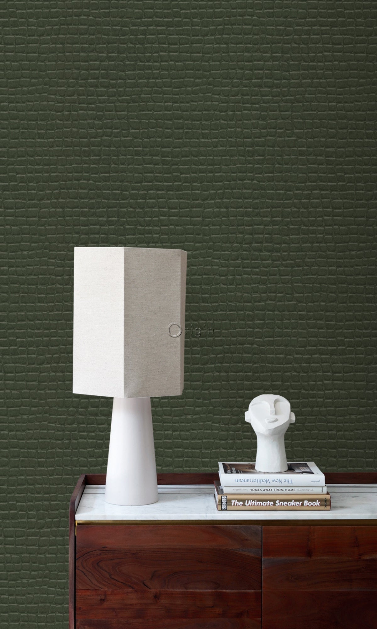 Moss Green Faux Effect Leather-like Geometric Wallpaper R8310