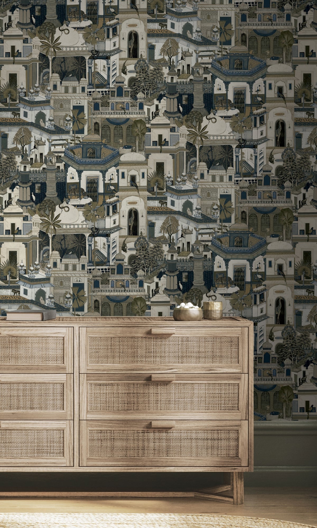 Navy Moroccan Inspired Architectural Design Wallpaper, flock wall paper, flock wallpaper, vintage flock wallpaper, contemporary flock wallpaper, modern flock wallpaper, flock wallpaper for homes, flock wall décor, flock wall covering