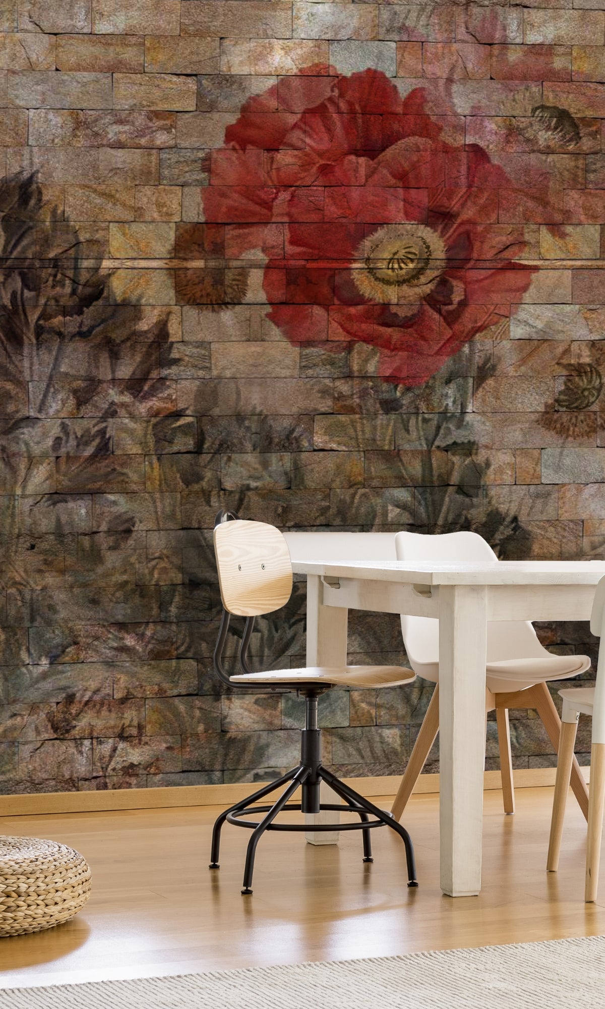 Neutral Floral Bricks Mural Wallpaper M1281