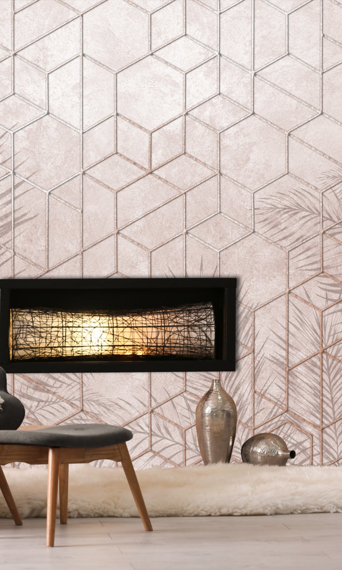 Neutral Geometric Abstraction of Hexagons with Tropical Leaves Mural Wallpaper M1306