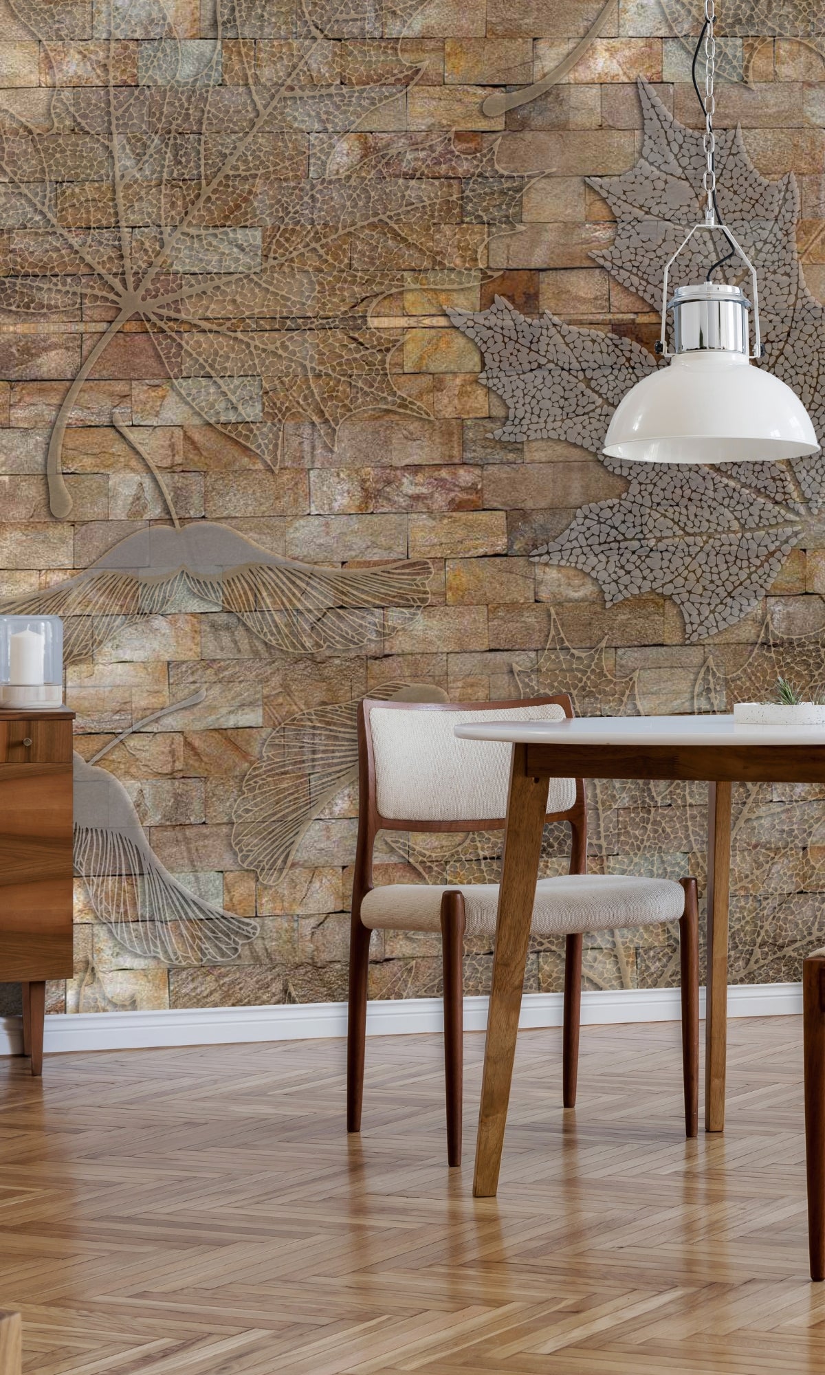 Neutral Leaves on Bricks Mural Wallpaper M1278