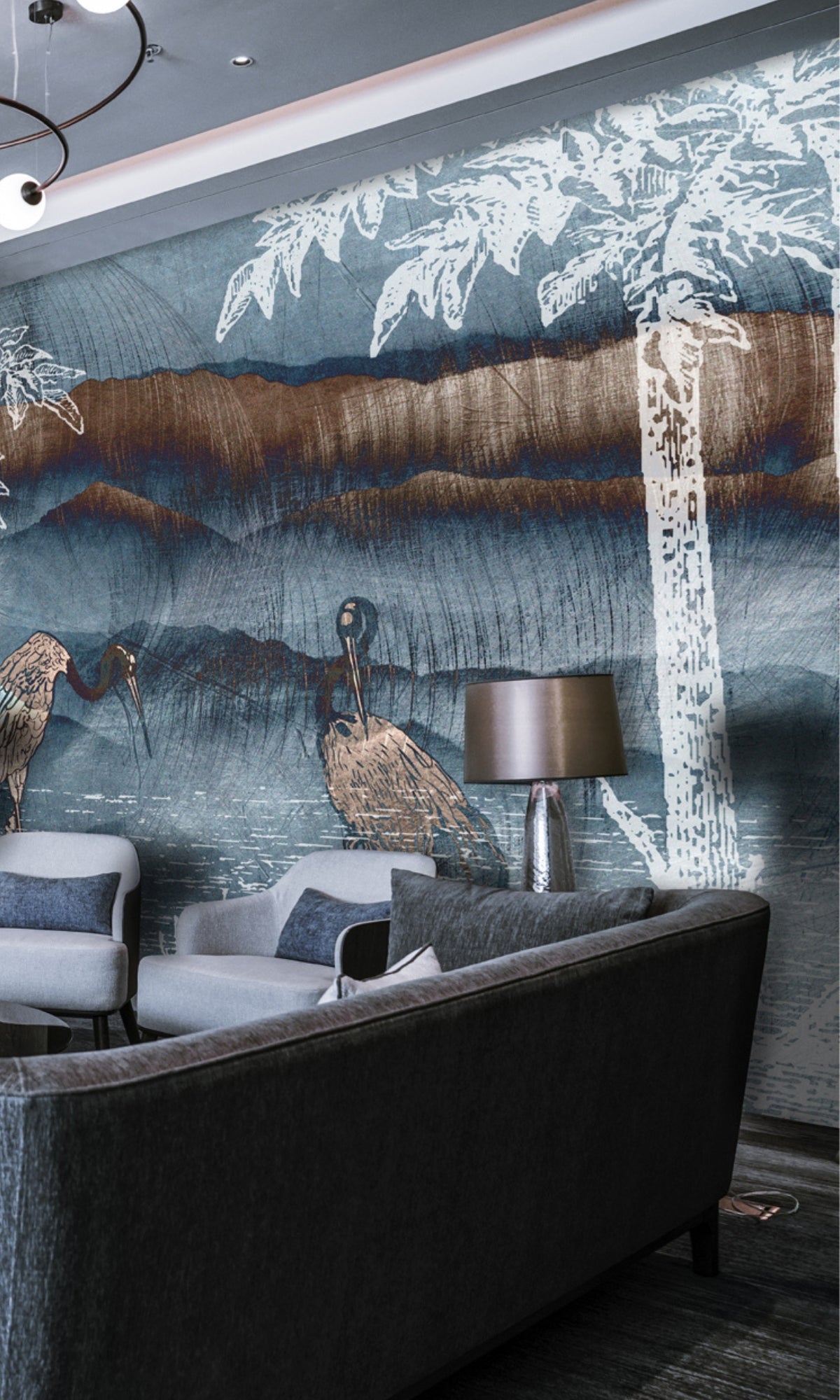 Neutral Mountains and Pelicans Mural Wallpaper M1439