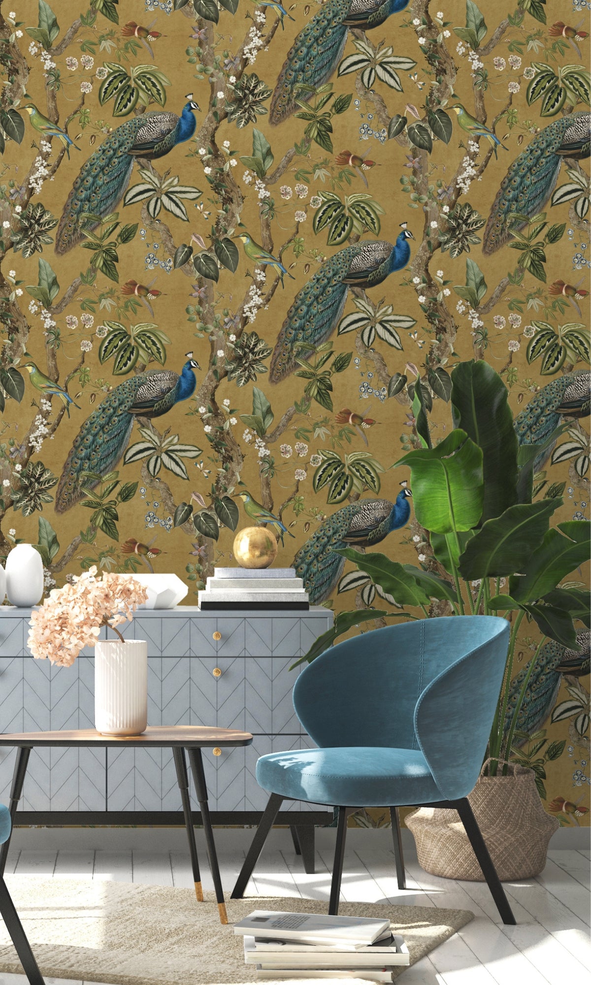 Ochre Climbing Peacock & Climbing Florals Tropical Wallpaper R8990