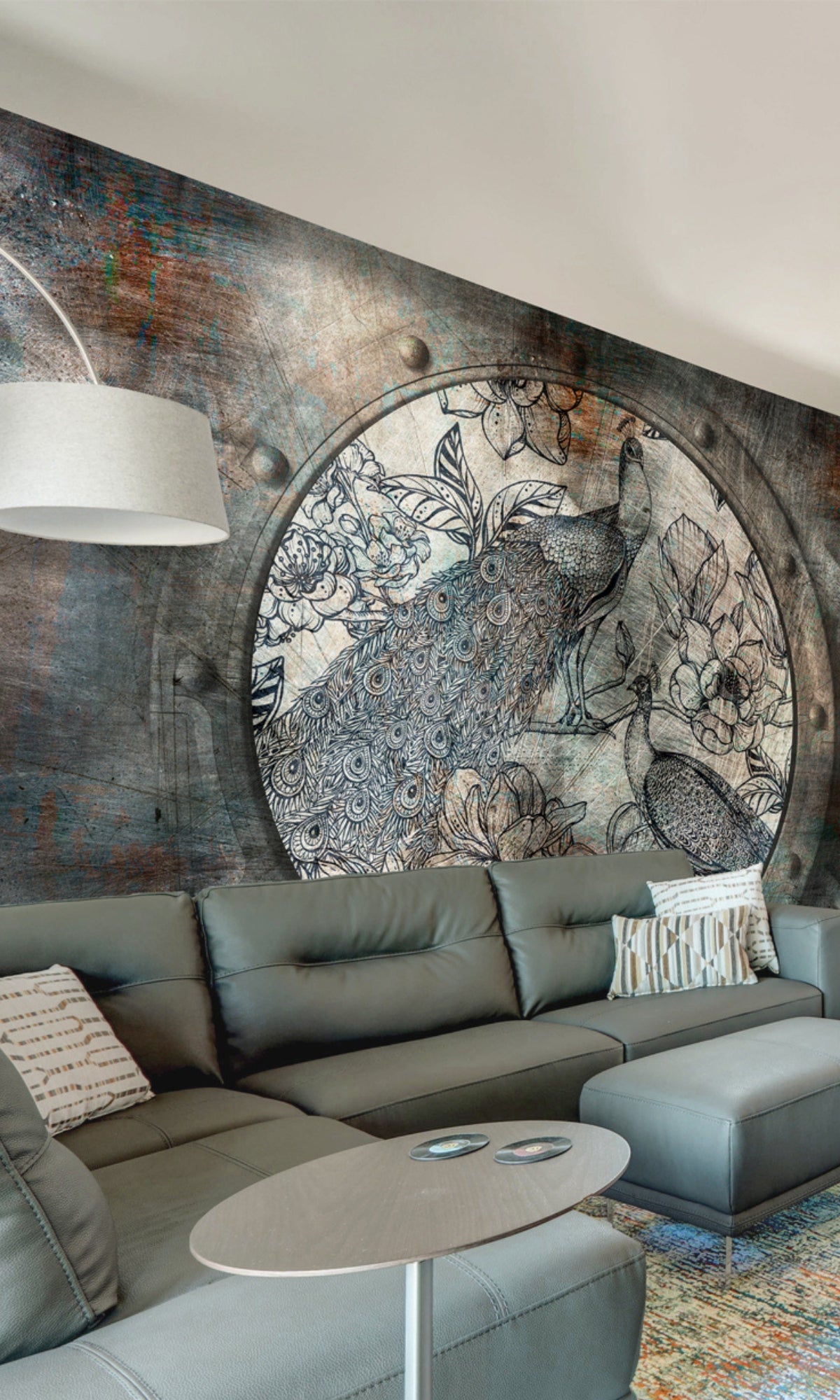 Peacock and flowers on Metal Mural Wallpaper M1430