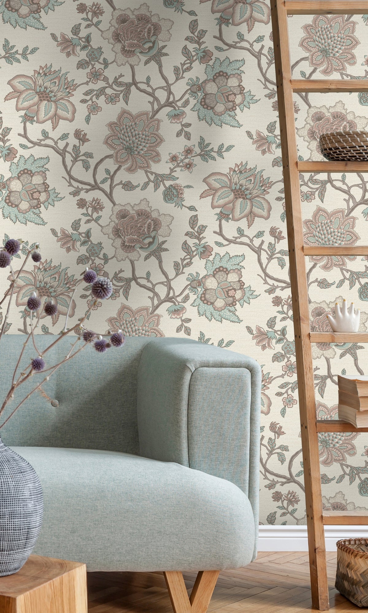Pink Teal Jacobean Flower Tropical Wallpaper R8792