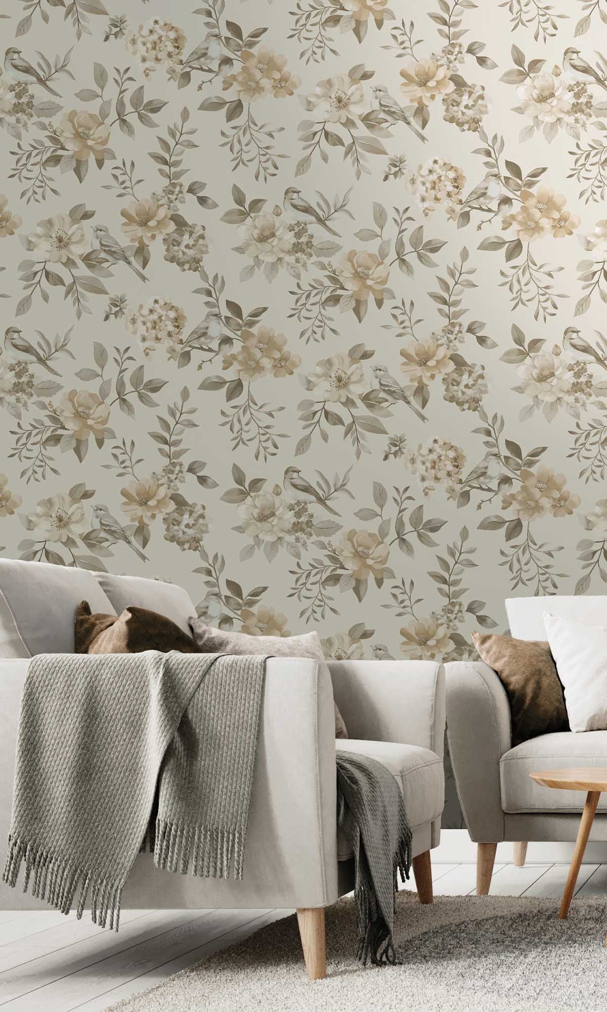 Neutral Birds in a Garden Wallpaper R10068