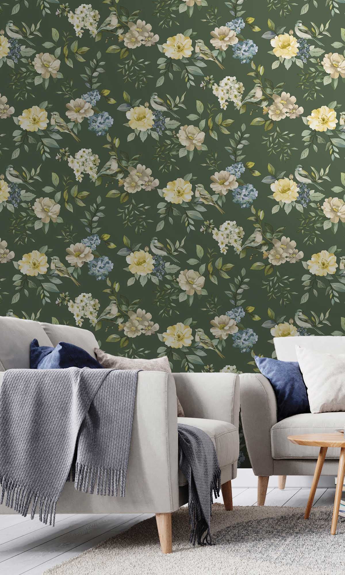 Green Birds in a Garden Wallpaper R10069