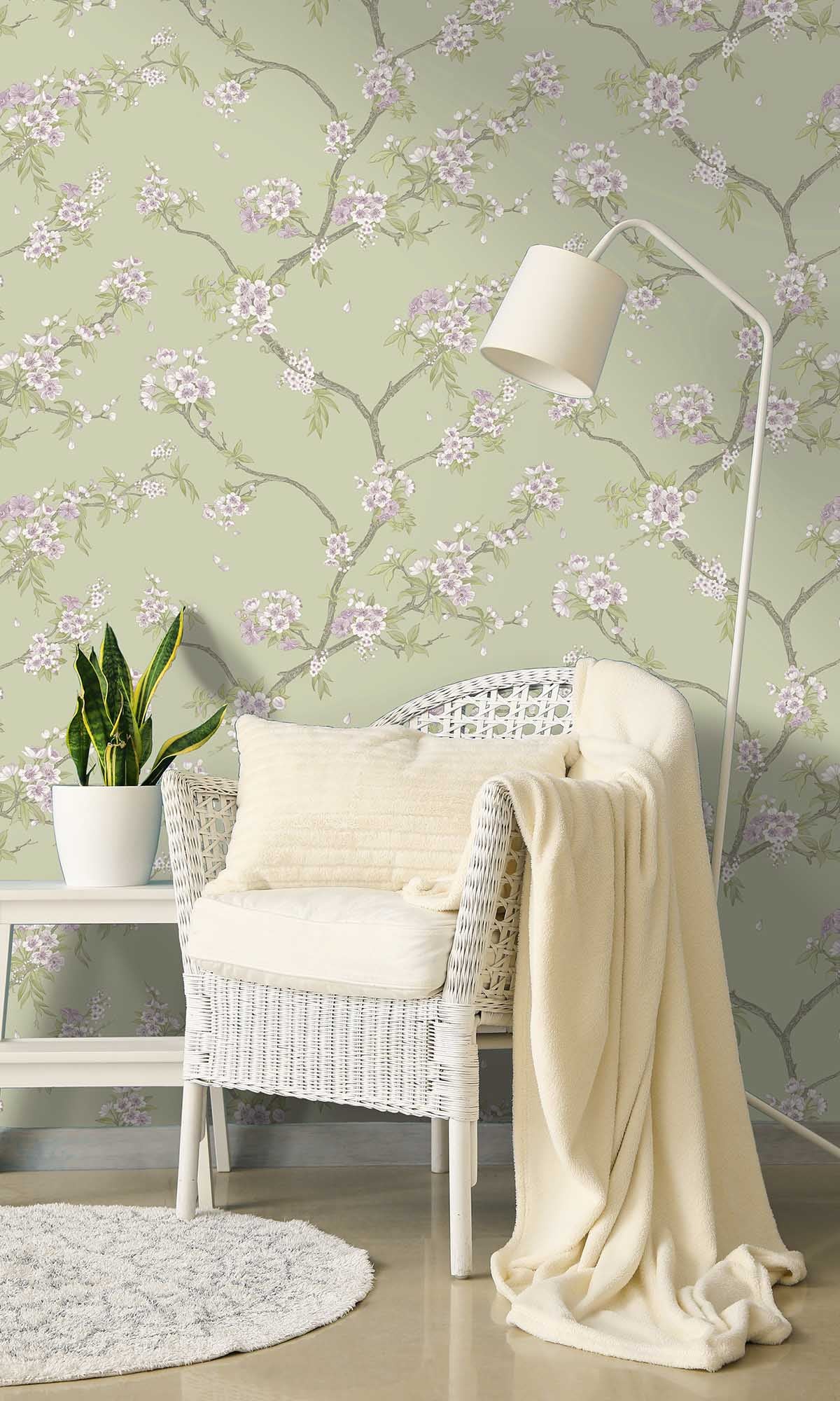 Sage Heather Blooming Cherries Wallpaper R10075