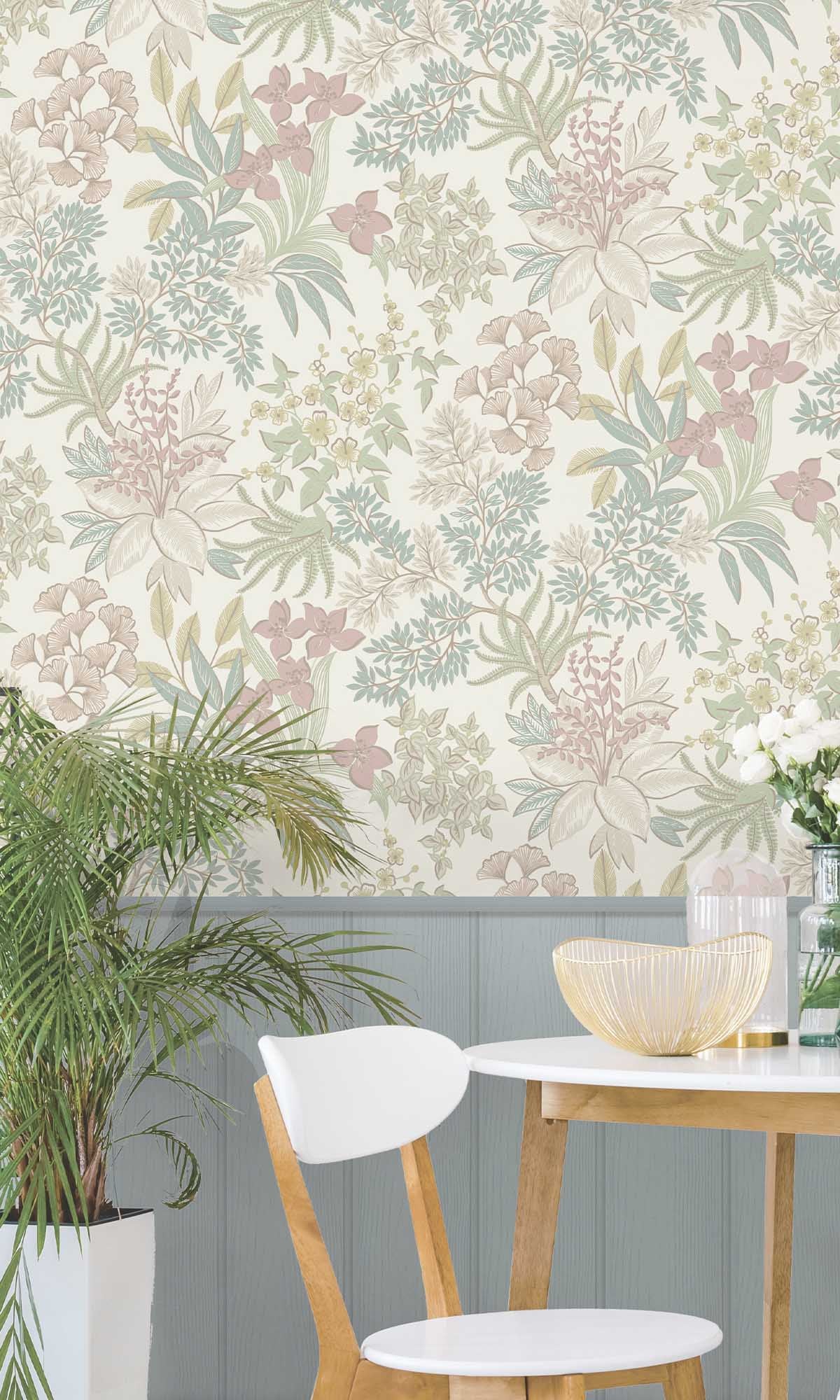 Cream Pink Lush Foliage Wallpaper R10080