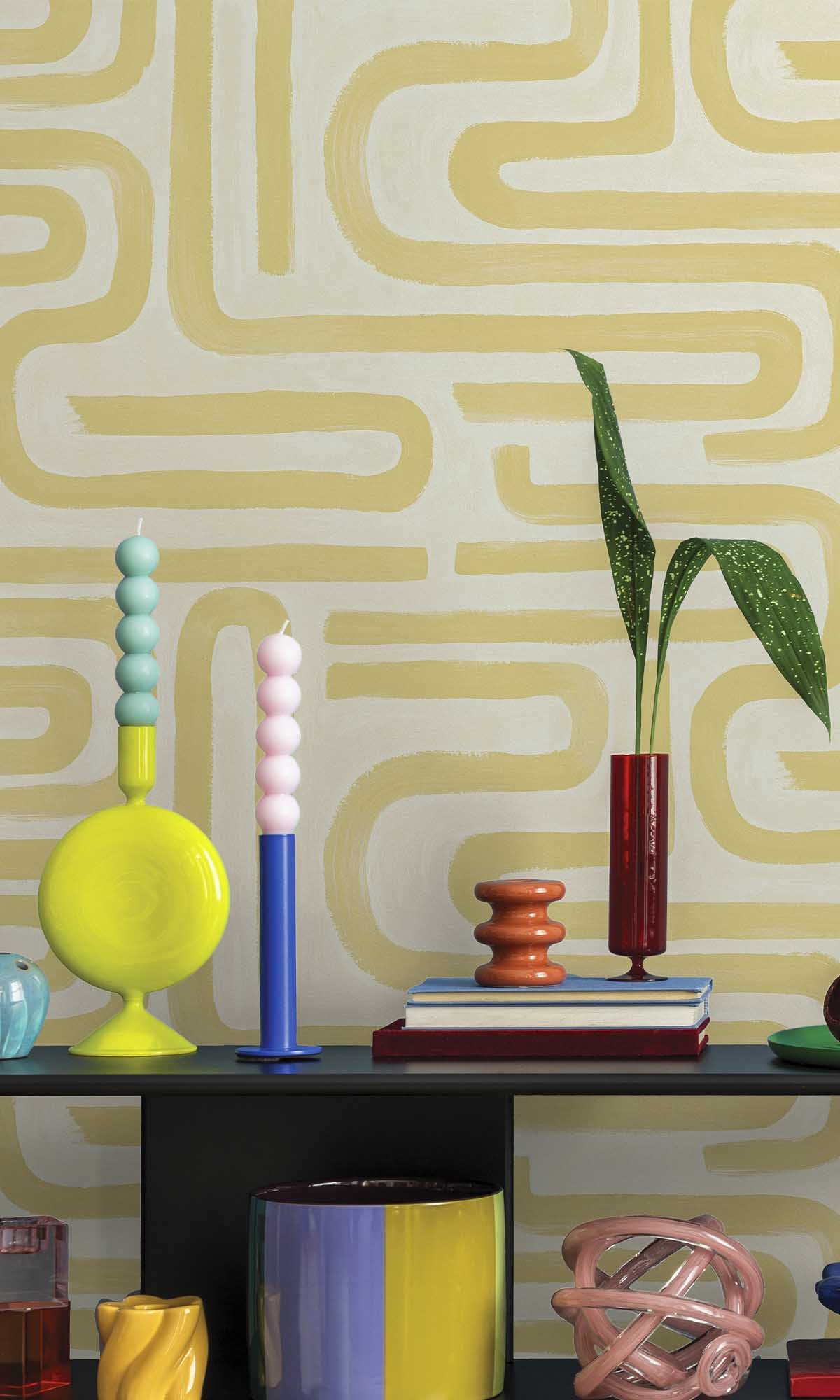 Ochre Painterly Geometric Maze Wallpaper R10083