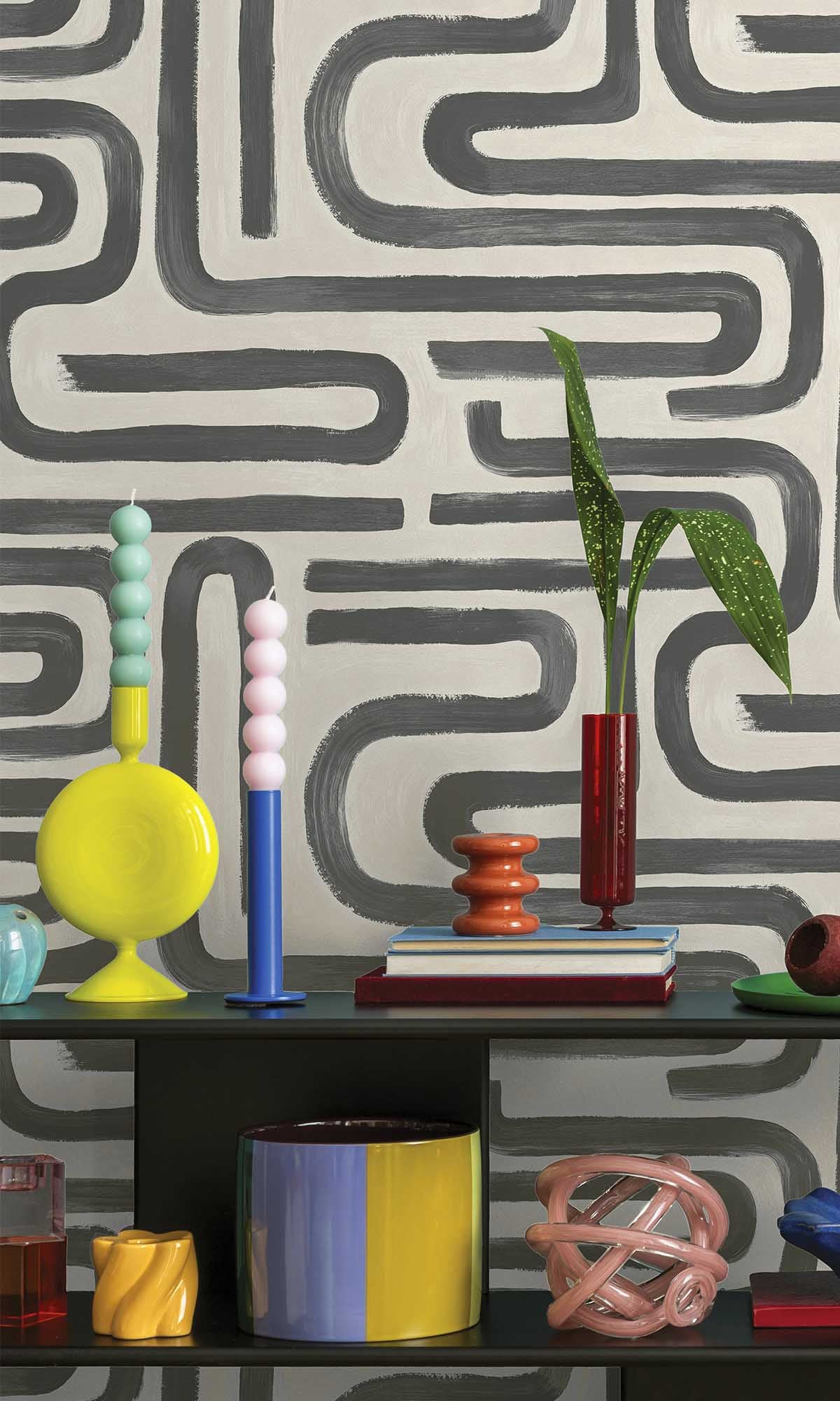 Charcoal Cream Painterly Geometric Maze Wallpaper R10085