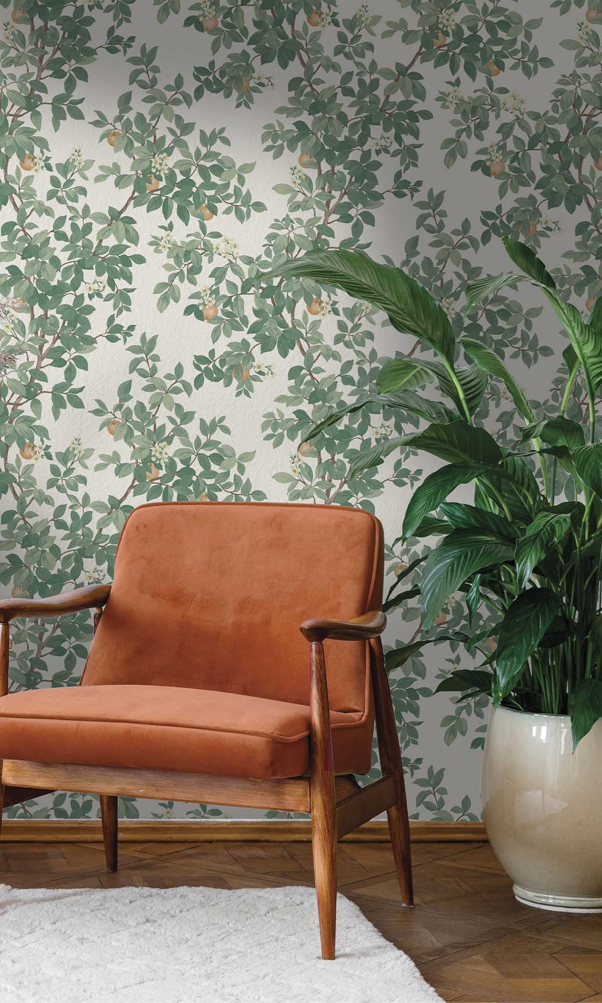 Cream Green Blooming Orange Tree Wallpaper R10086