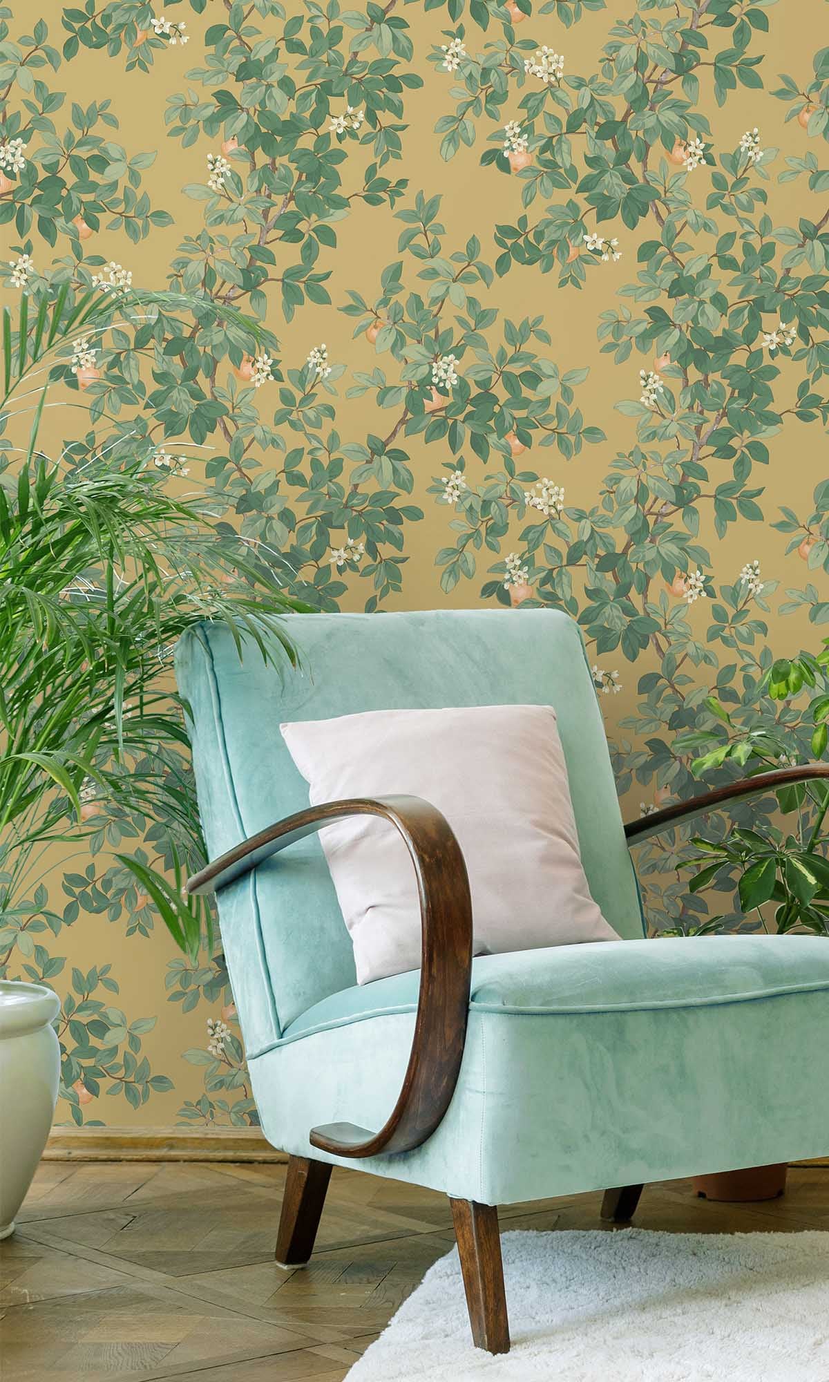 Ochre Blooming Orange Tree Wallpaper R10087