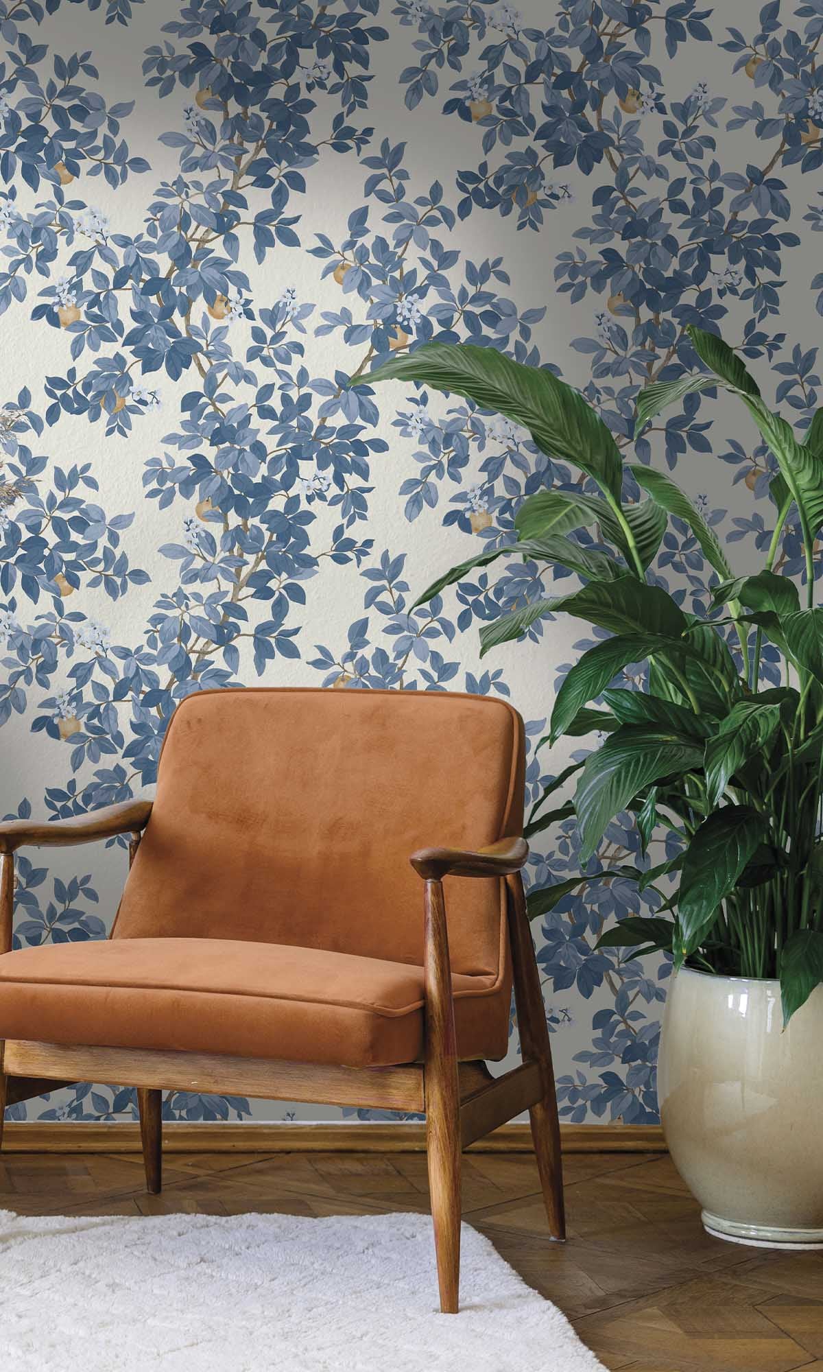 Blue White Blooming Orange Tree Wallpaper R10088