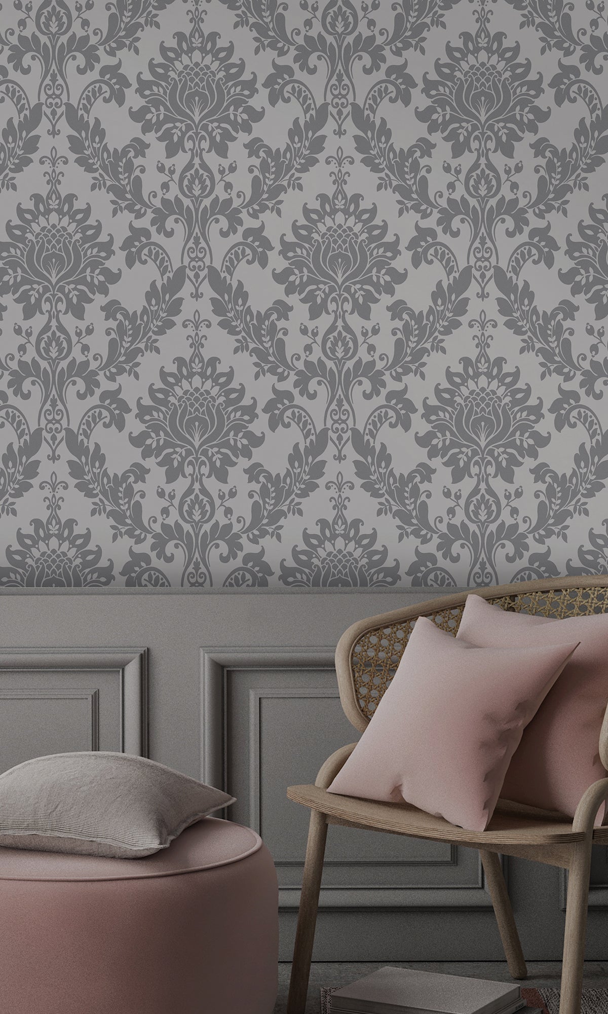 grey wallpaper, beaded wallpaper, damask wallpaper, classic damask wallpaper, beaded classic damask wallpaper, Timeless elegance, Eleganza Wallpaper Collection, Eleganza Collection, Can be used for commercial spaces, Paper Substrate, New Arrivals, Paste the Paper, Scrubbable, Good Lightfastness, Peelable, Interior designers’ choice, Bedroom Wallpaper, Living Room Wallpaper, Hallway Wallpaper, Dining Room Wallpaper, Children's Room Wallpaper, Study Room Wallpaper, Home Office Wallpaper, Powder Room Wallpaper