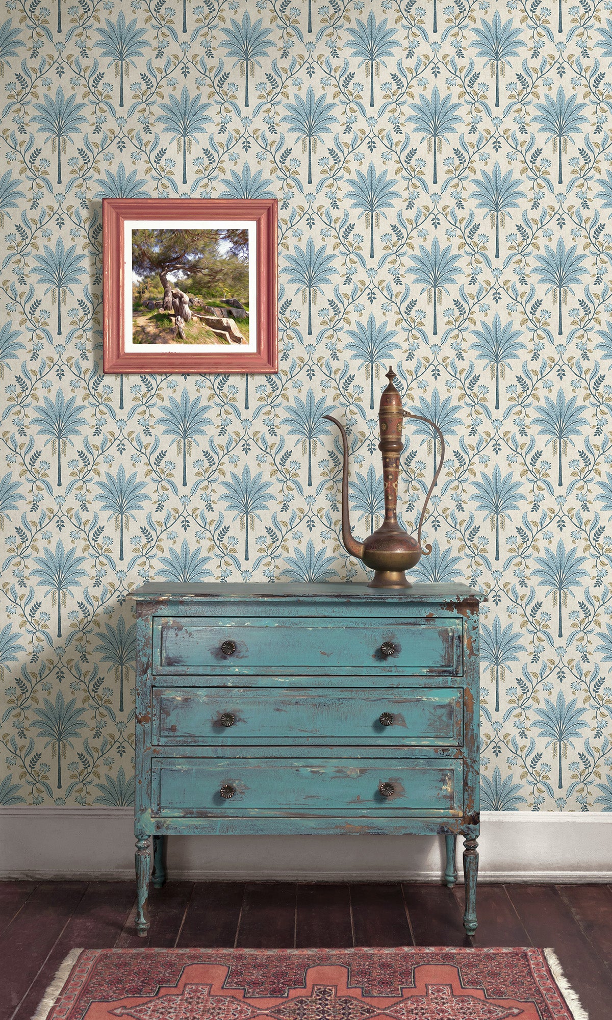 Blue Trellis and Focal Palm Trees Wallpaper R9592